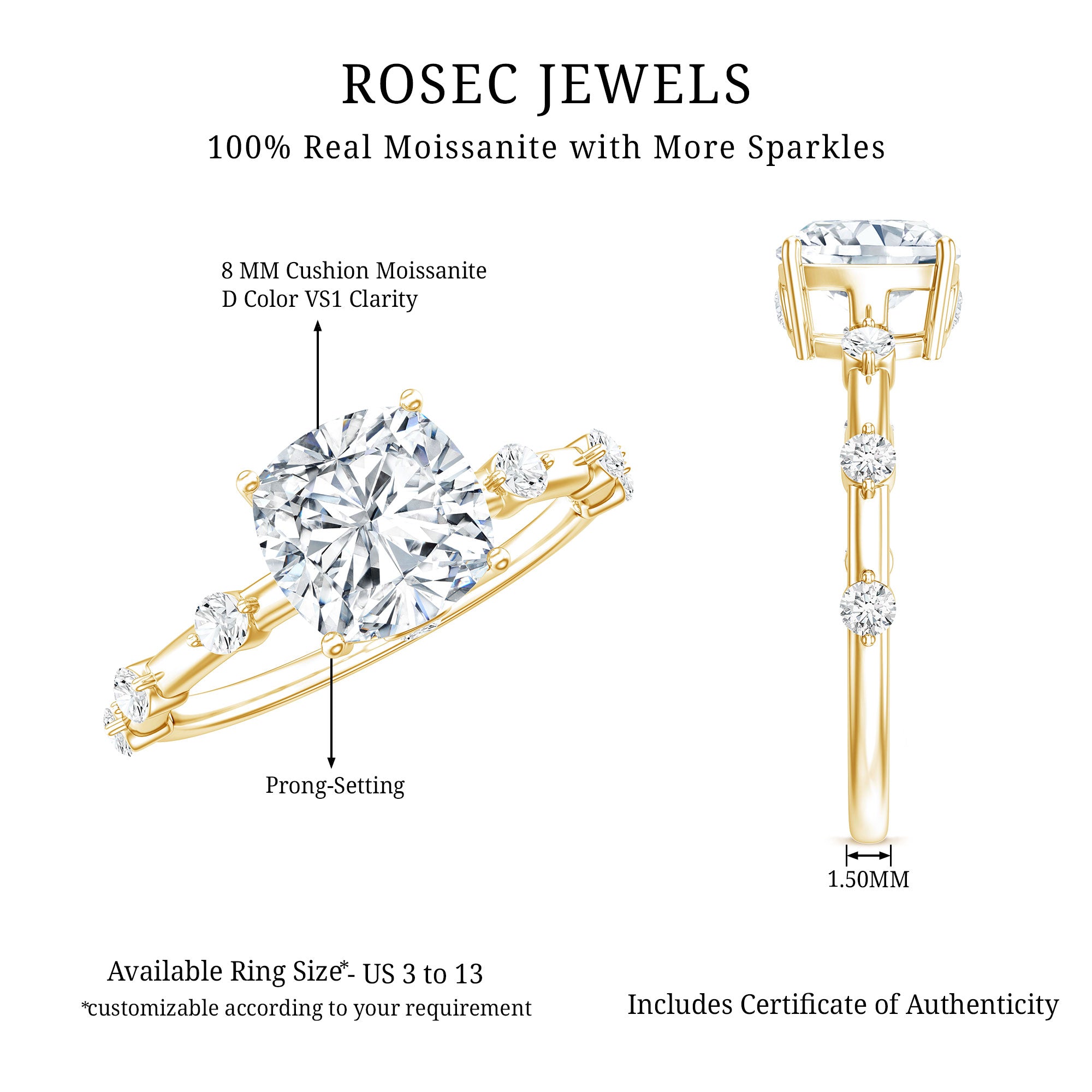 Certified Cushion Cut Moissanite Huge Engagement Ring D-VS1 - Rosec Jewels