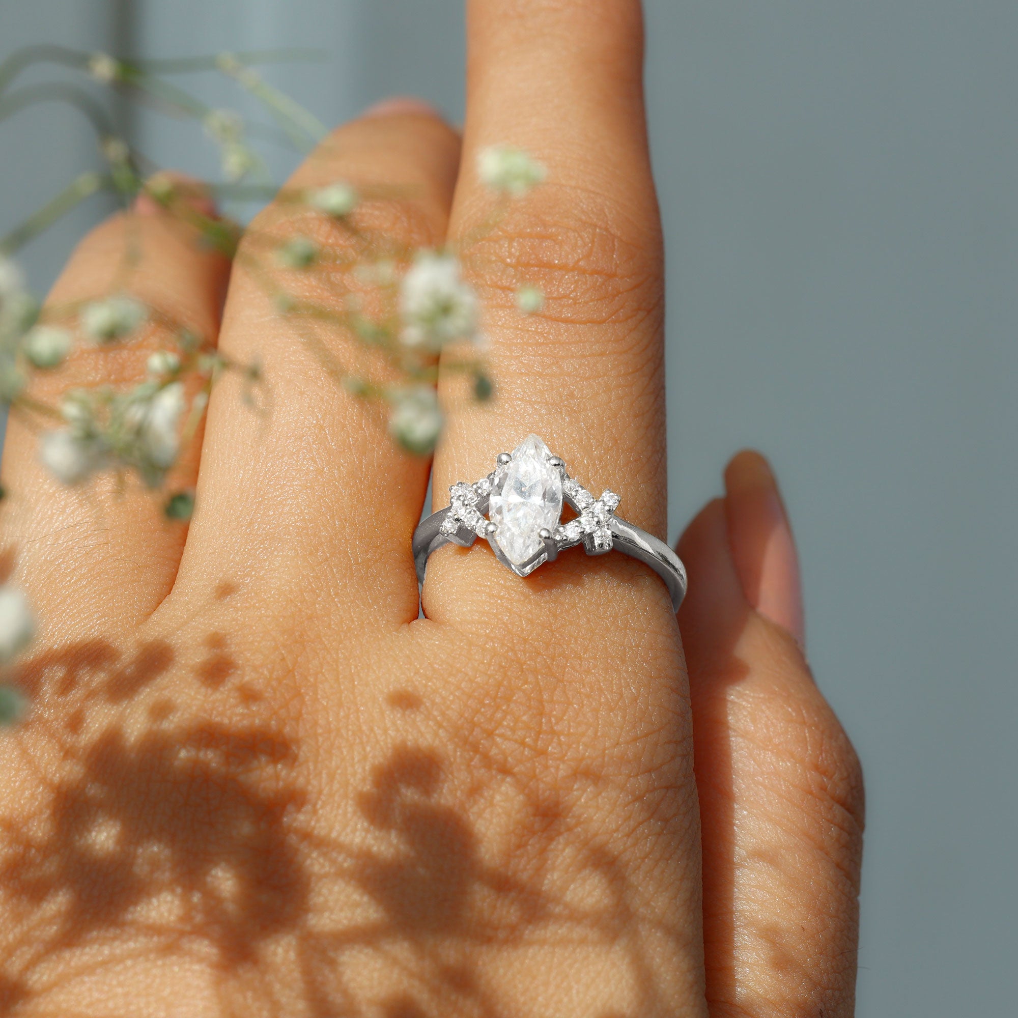 5X10 MM Moissanite Marquise Engagement Ring in Split Shank D-VS1 - Rosec Jewels