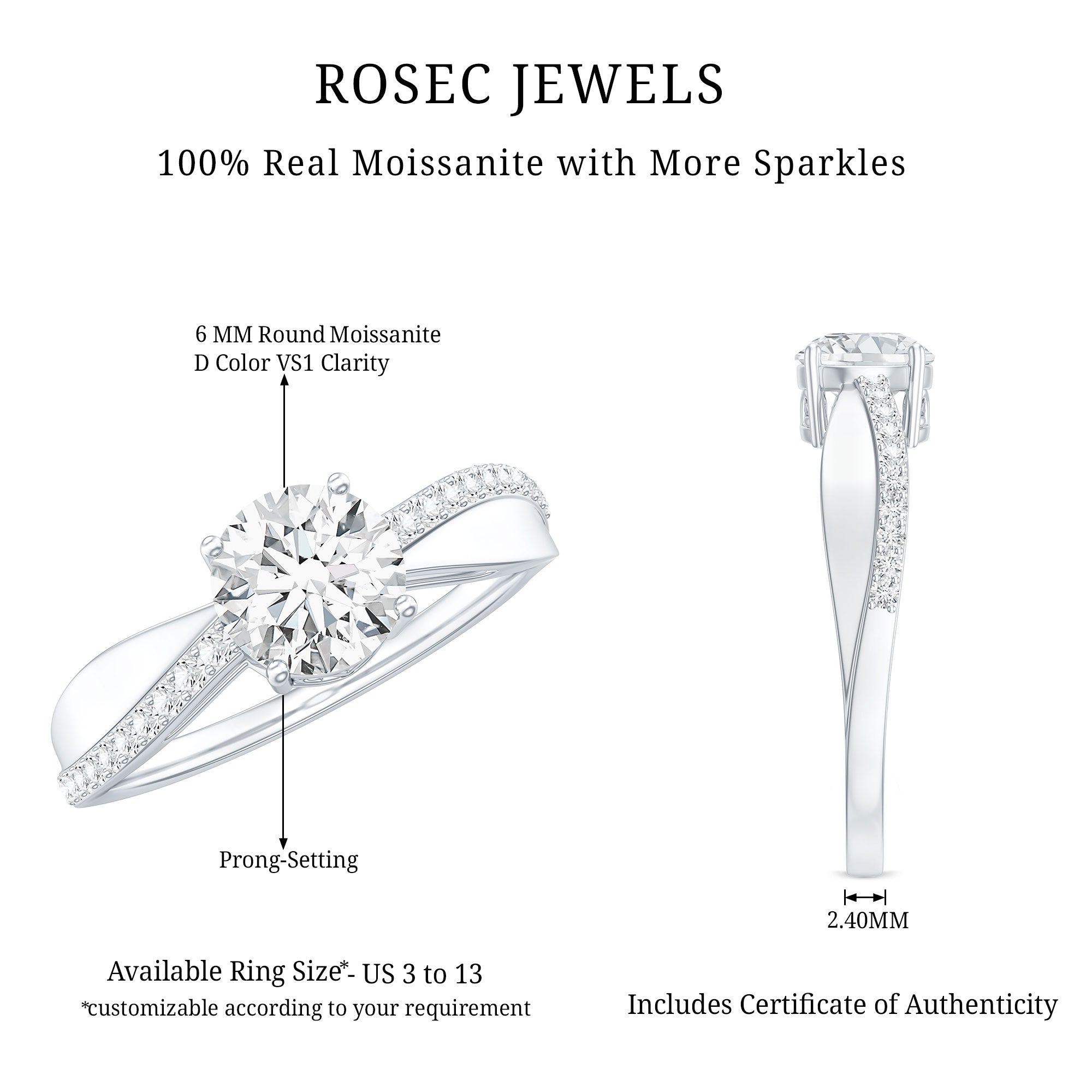 Classic Round Cut Moissanite Solitaire Engagement Ring for Women D-VS1 - Rosec Jewels
