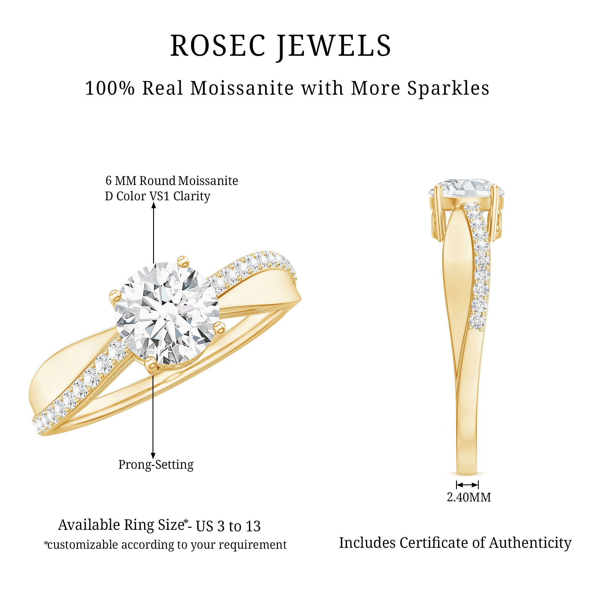 Classic Round Cut Moissanite Solitaire Engagement Ring for Women D-VS1 - Rosec Jewels