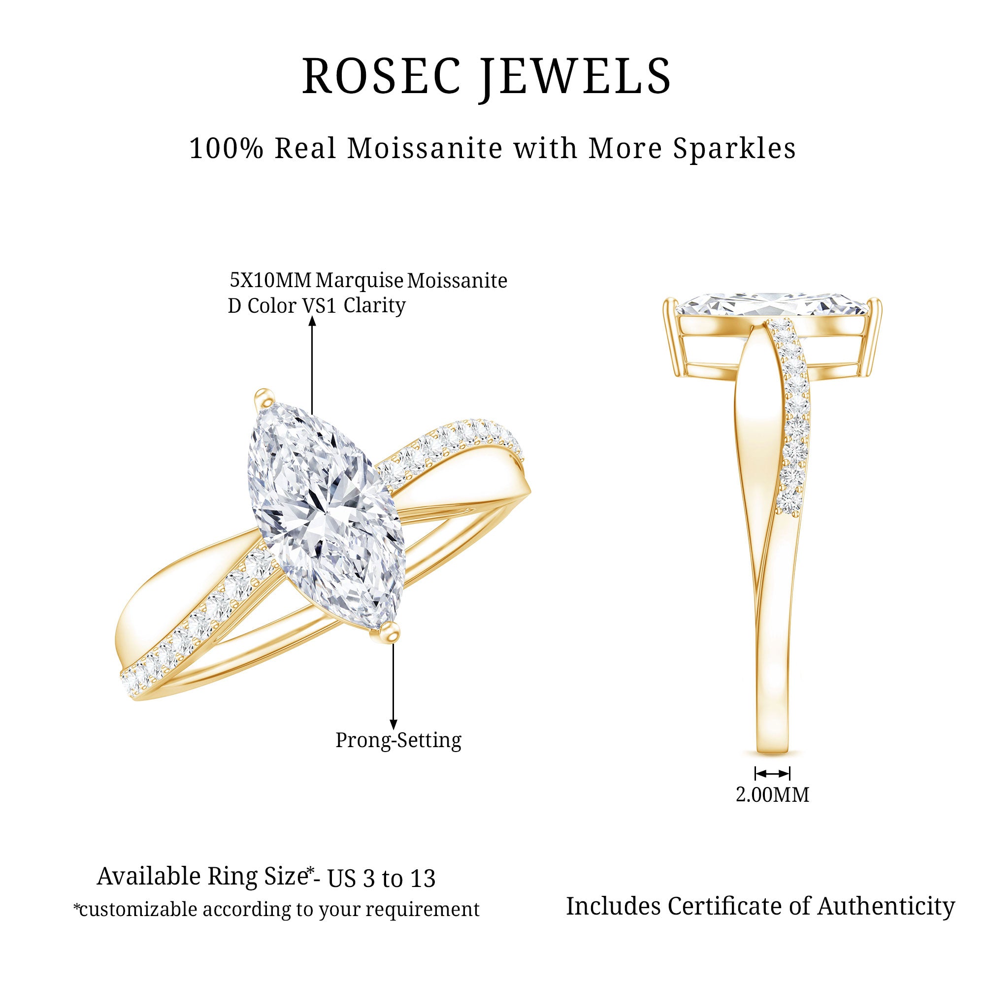Classic Marquise Cut Moissanite Solitaire Engagement Ring D-VS1 - Rosec Jewels