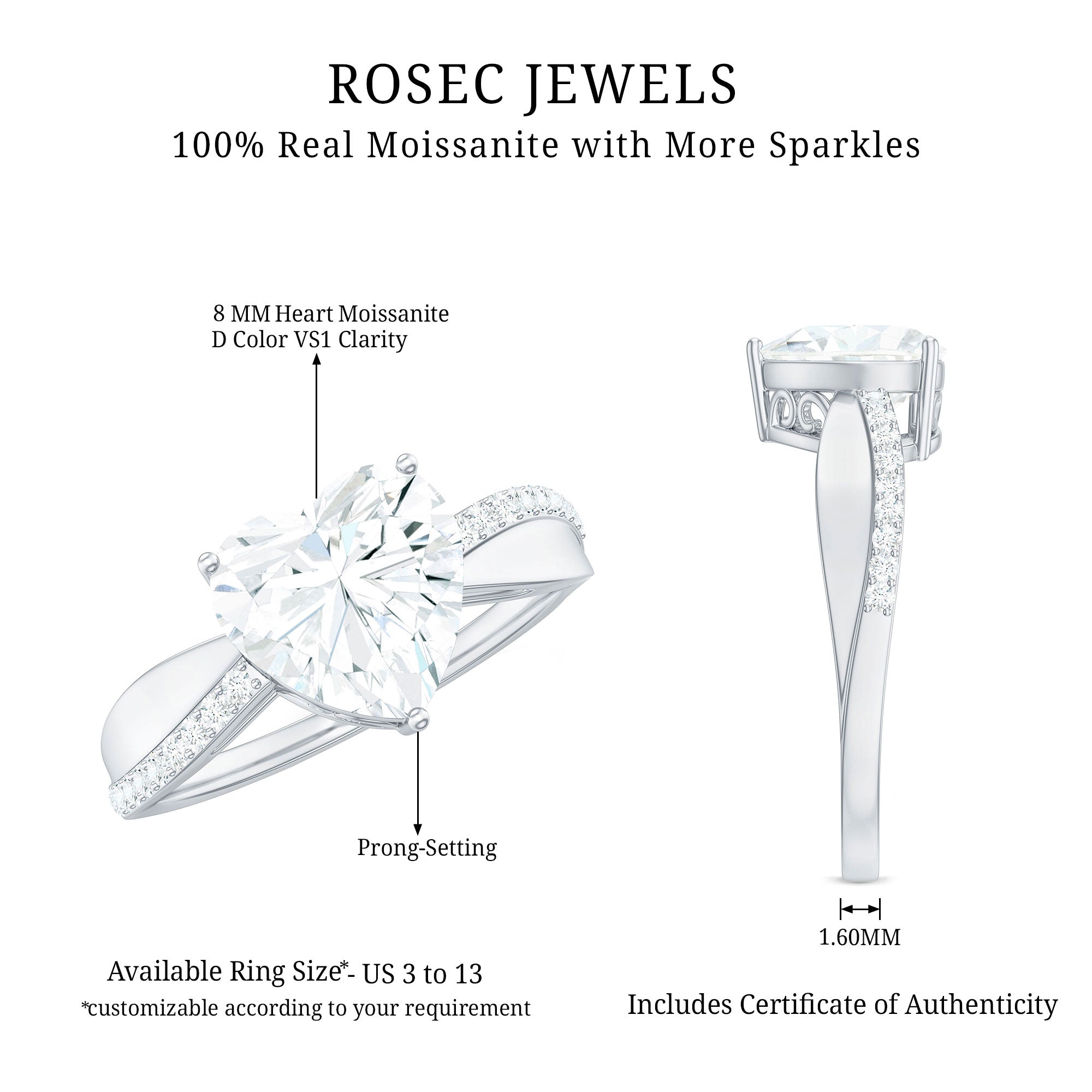 Heart Shape Moissanite Solitaire Engagement Ring for Her D-VS1 - Rosec Jewels