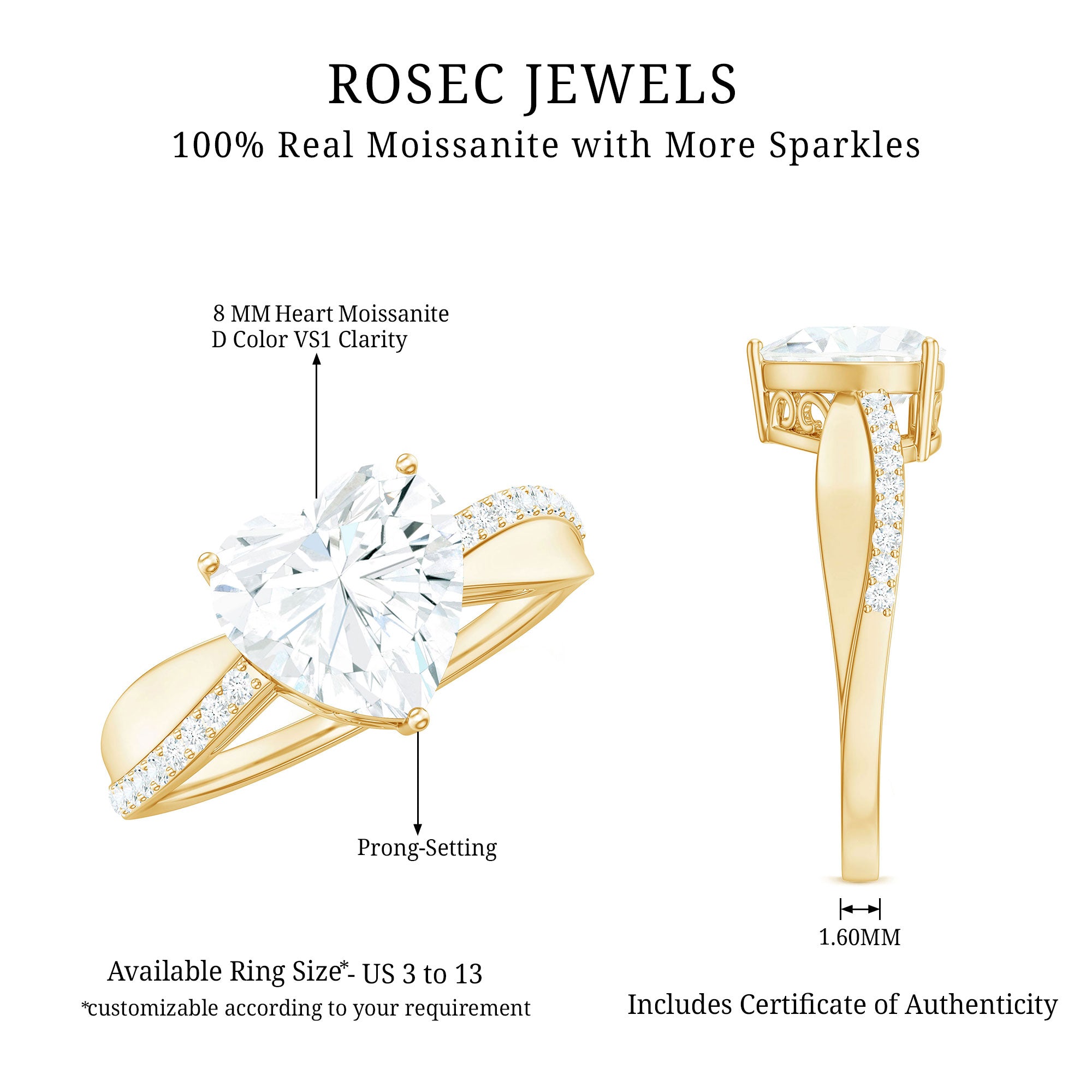 Heart Shape Moissanite Solitaire Engagement Ring for Her D-VS1 - Rosec Jewels