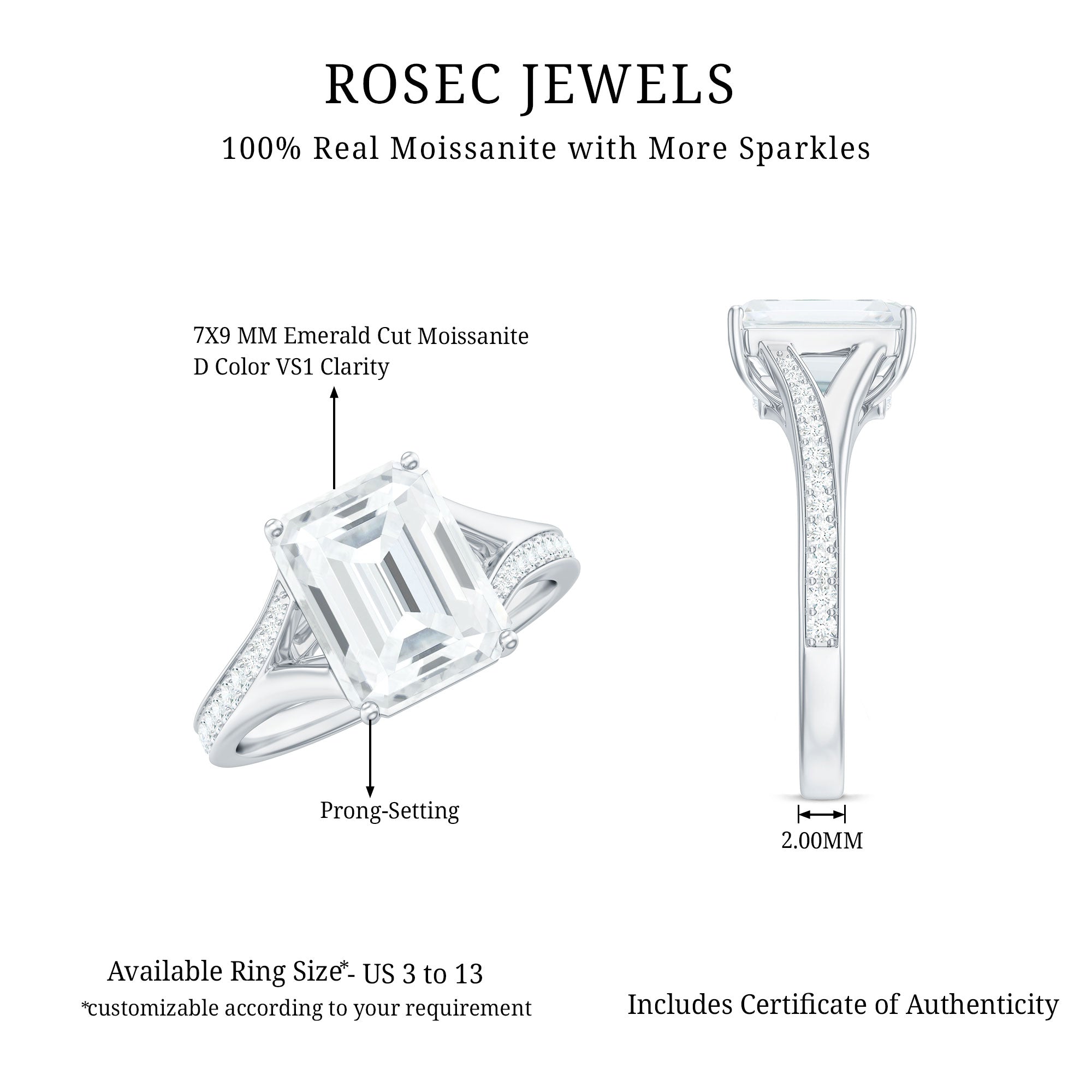 Emerald Cut Moissanite Solitaire Engagement Ring with Split Shank D-VS1 - Rosec Jewels