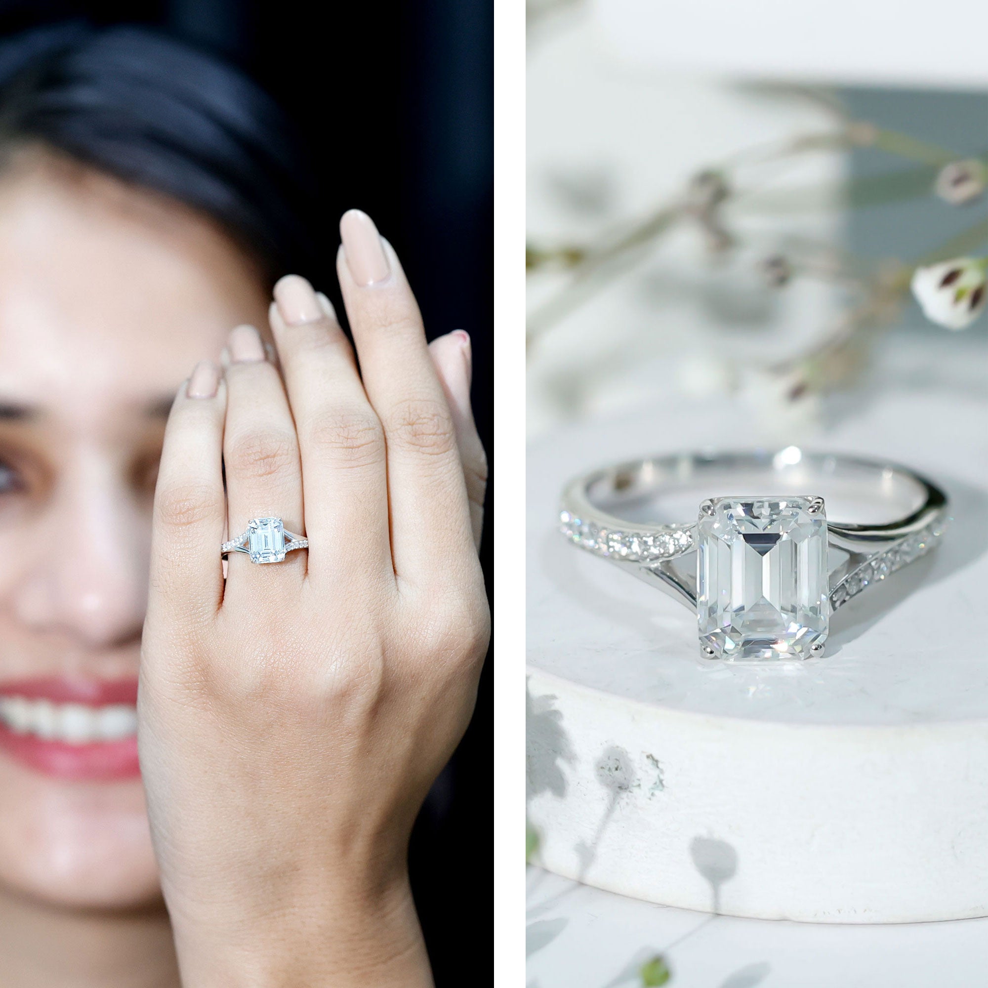 Emerald Cut Moissanite Solitaire Engagement Ring with Split Shank D-VS1 - Rosec Jewels