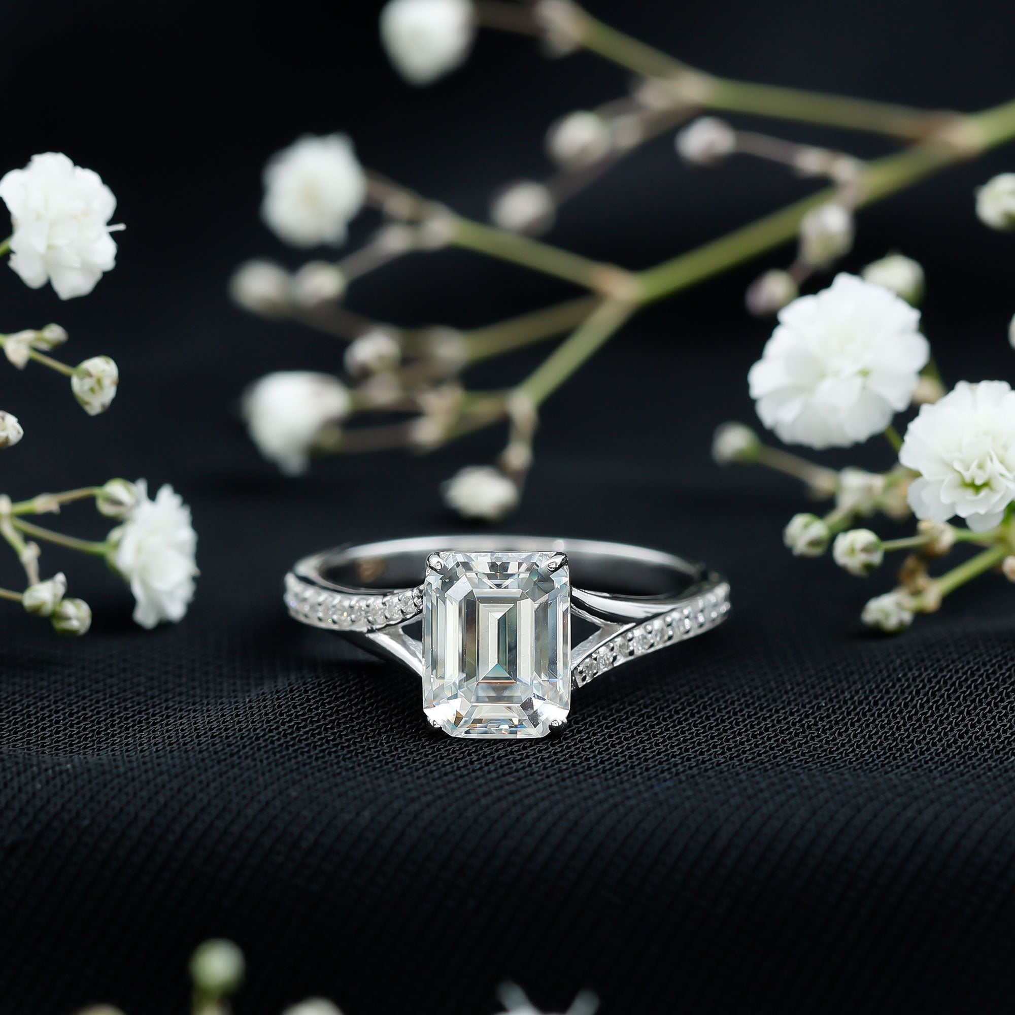 Emerald Cut Moissanite Solitaire Engagement Ring with Split Shank D-VS1 - Rosec Jewels