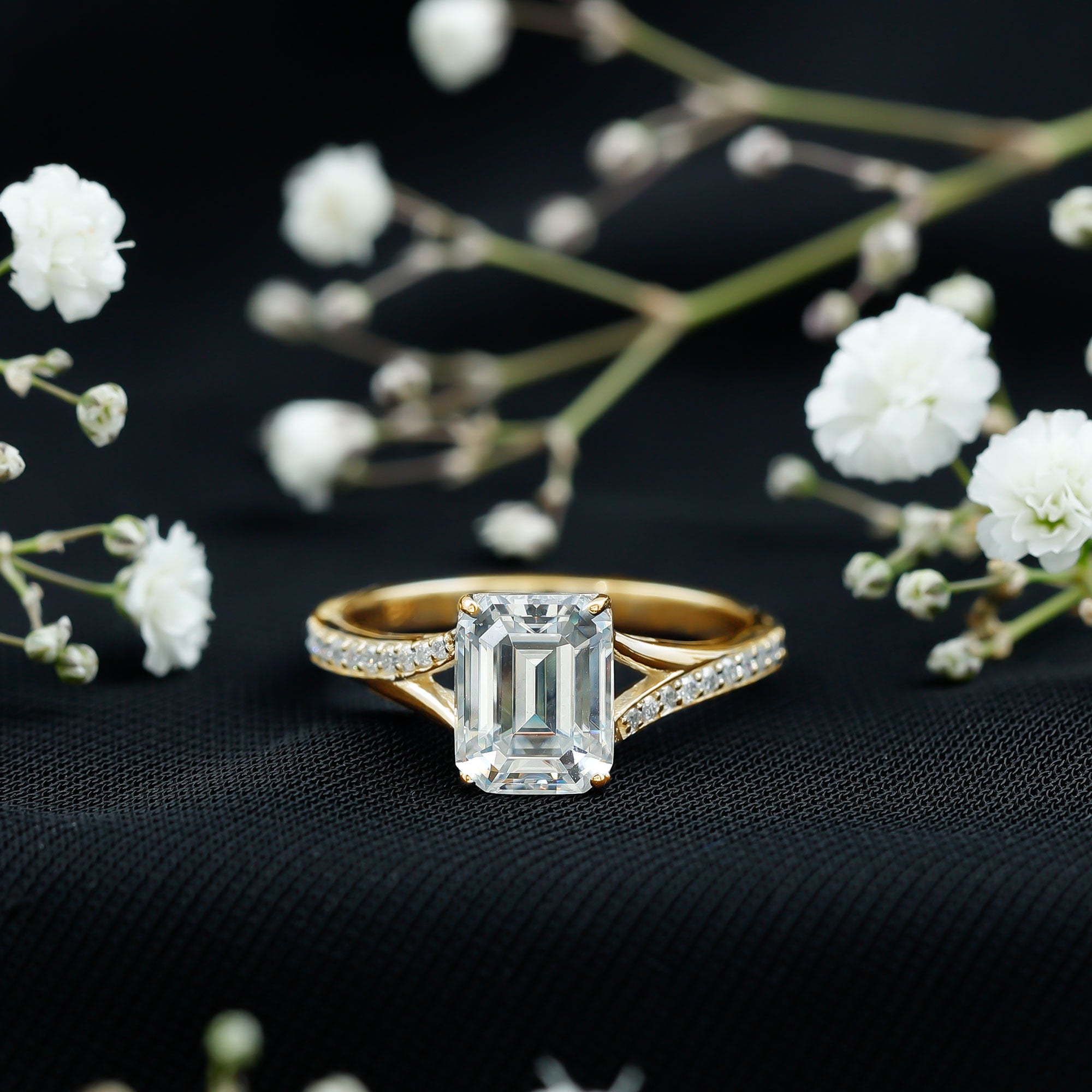 Emerald Cut Moissanite Solitaire Engagement Ring with Split Shank D-VS1 - Rosec Jewels