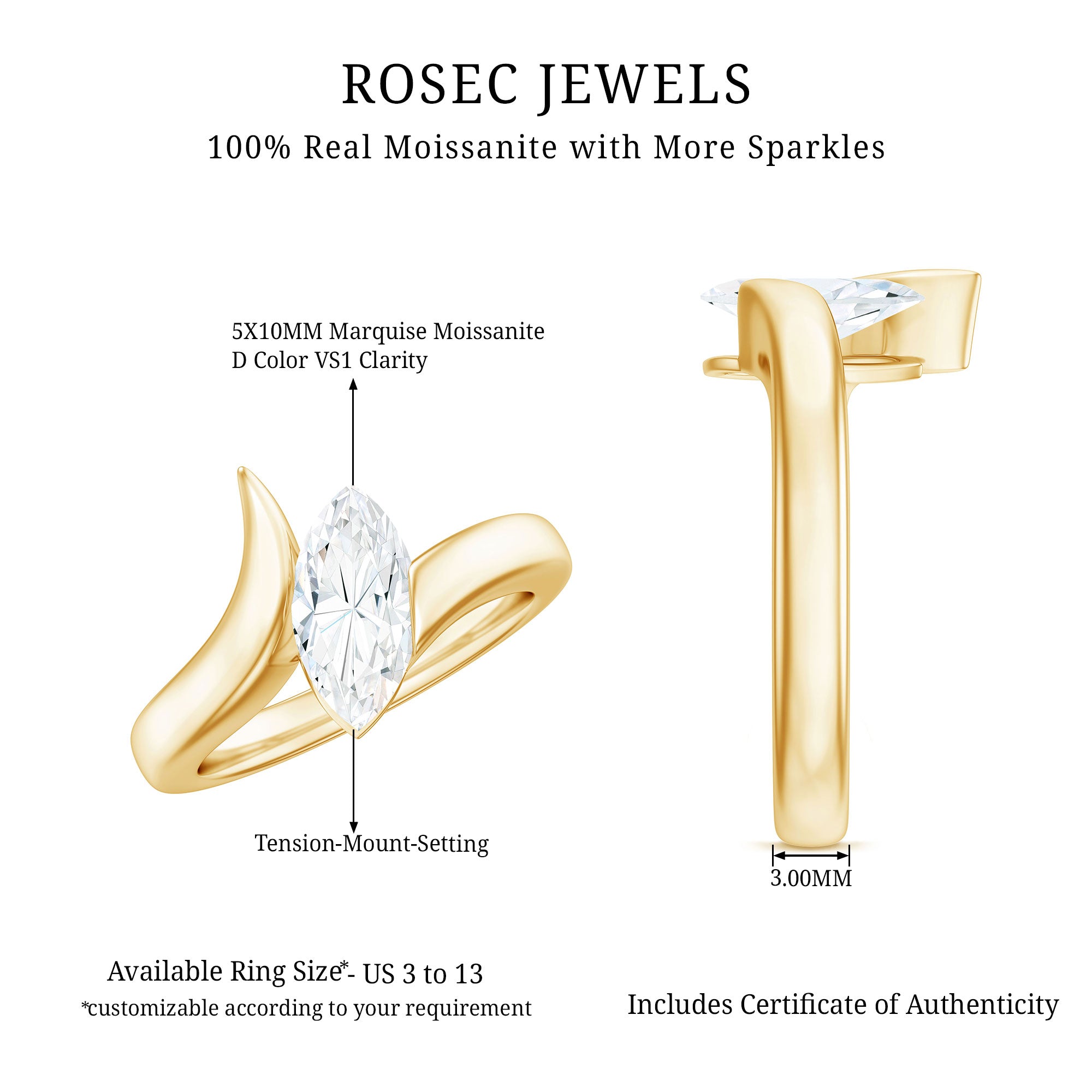 Moissanite Marquise Cut Engagement Ring In Tension Setting D-VS1 - Rosec Jewels