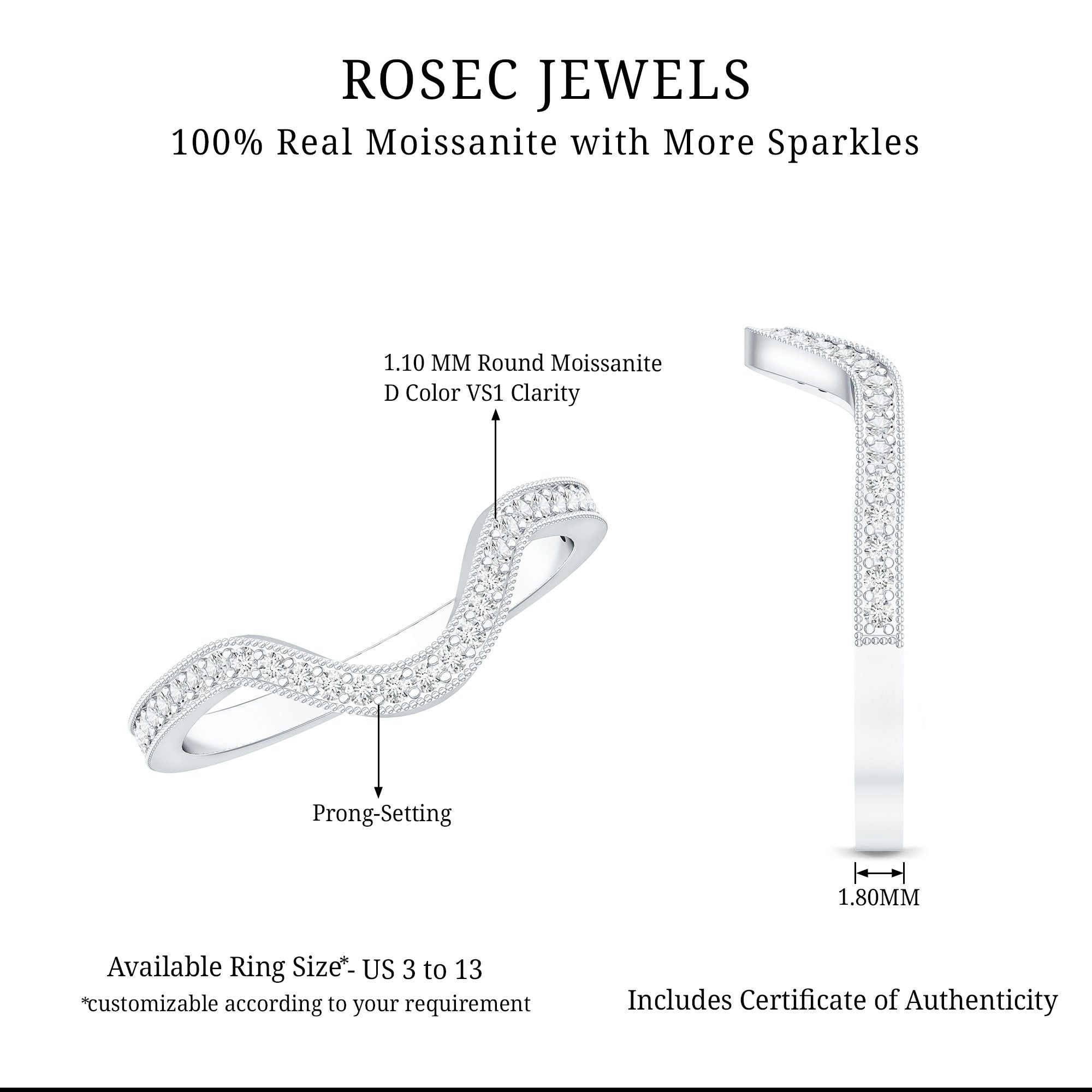 Certified Moissanite Curved Enhancer Band For Women D-VS1 - Rosec Jewels