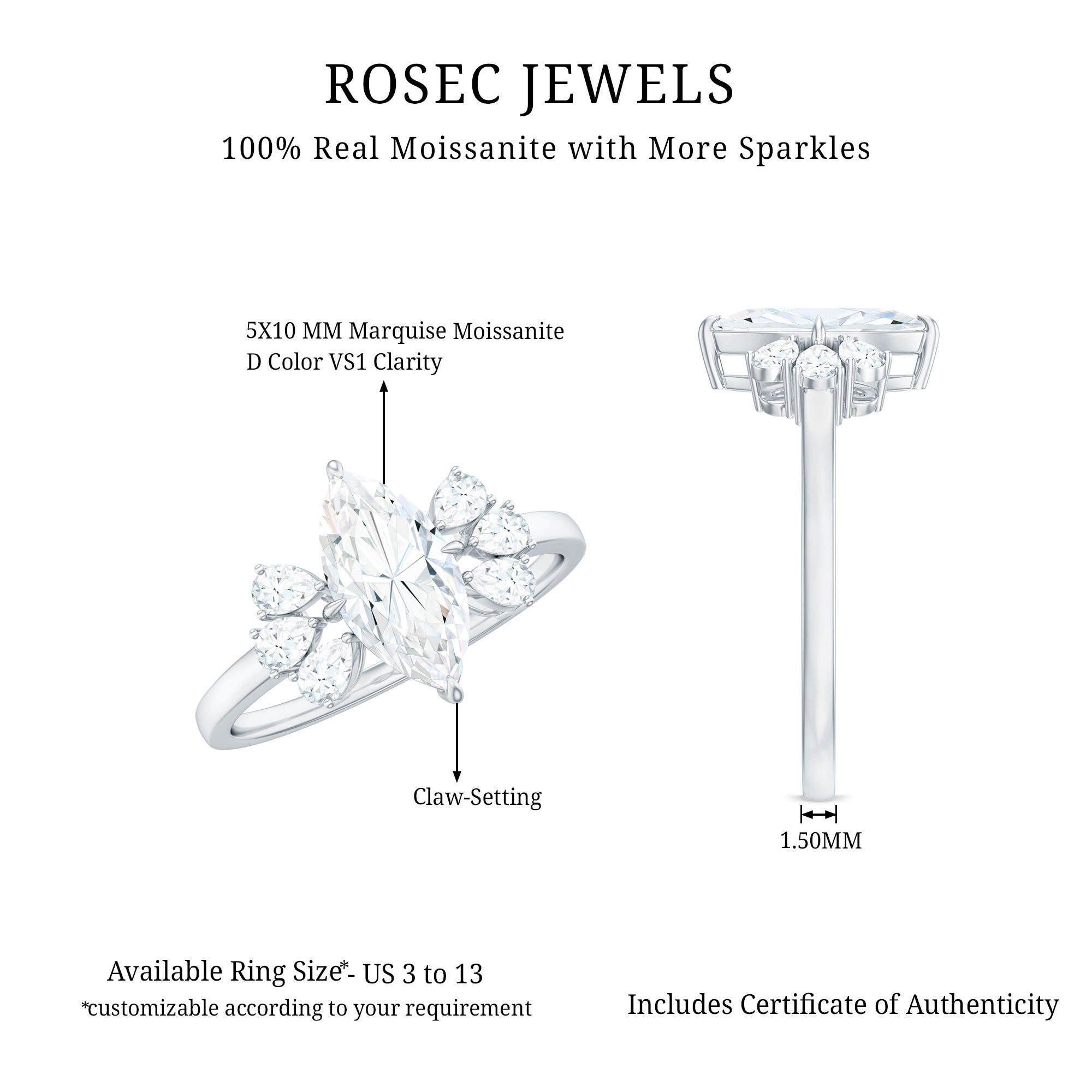 Marquise Cut Moissanite Engagement Ring with Trio D-VS1 - Rosec Jewels