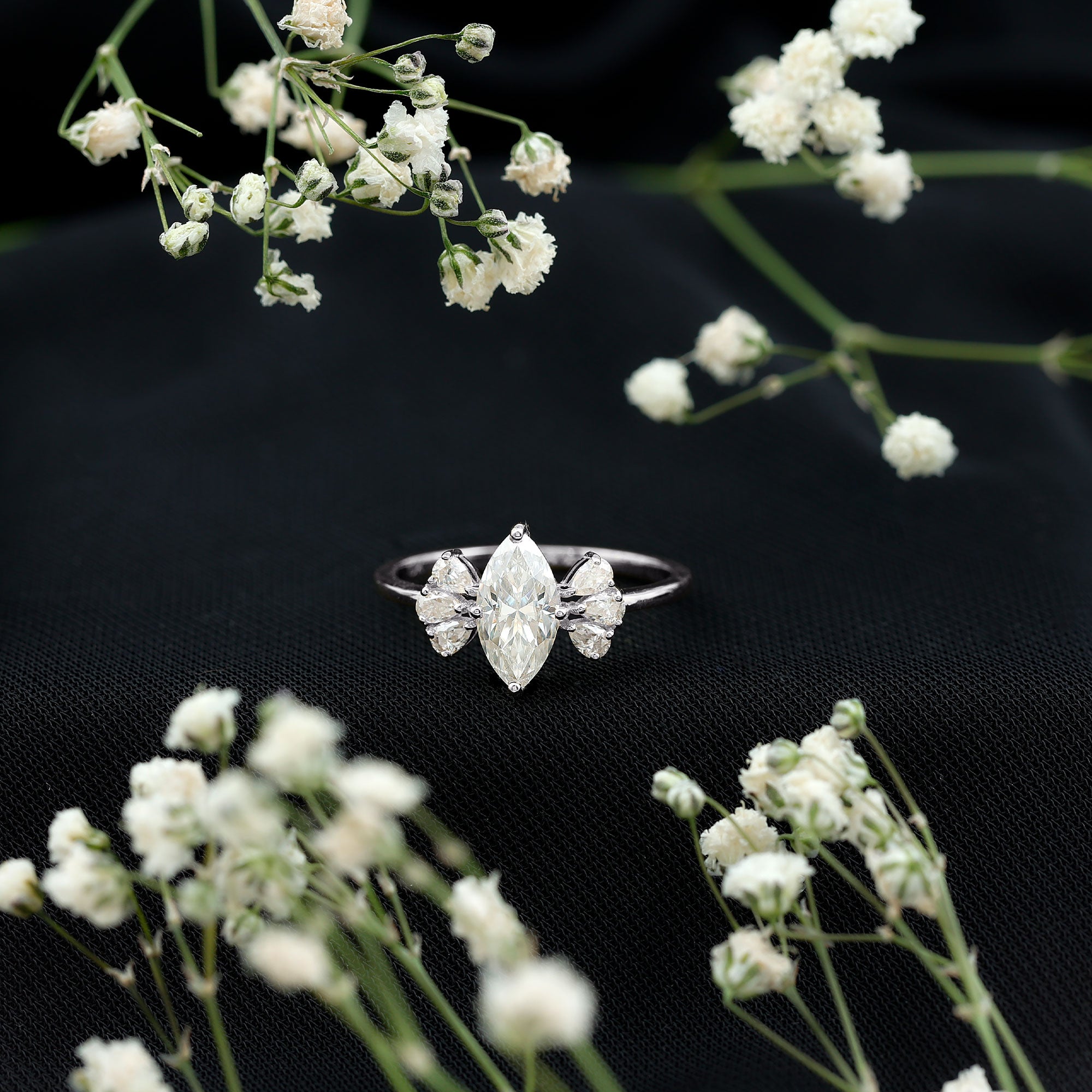 Marquise Cut Moissanite Engagement Ring with Trio D-VS1 - Rosec Jewels