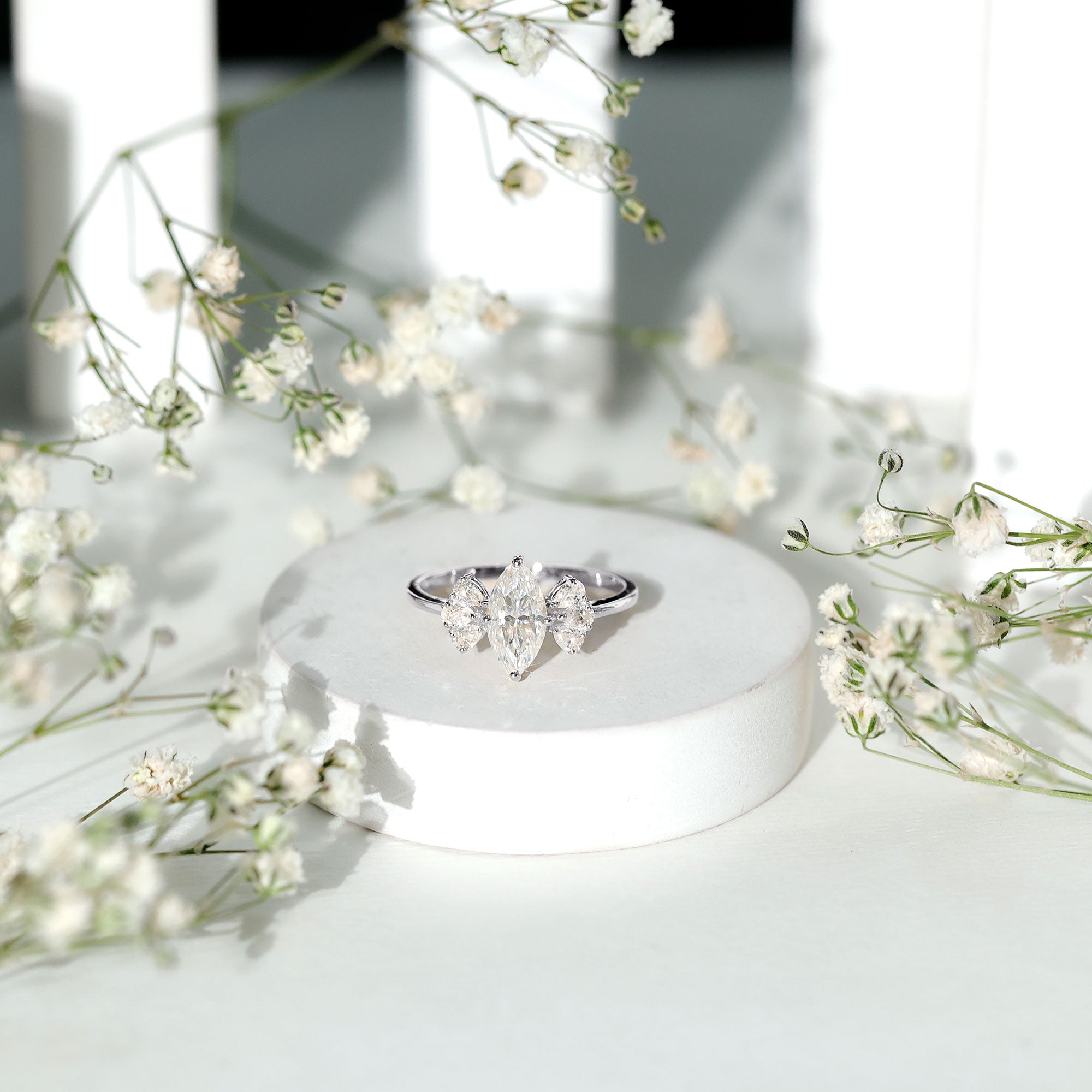 Marquise Cut Moissanite Engagement Ring with Trio D-VS1 - Rosec Jewels