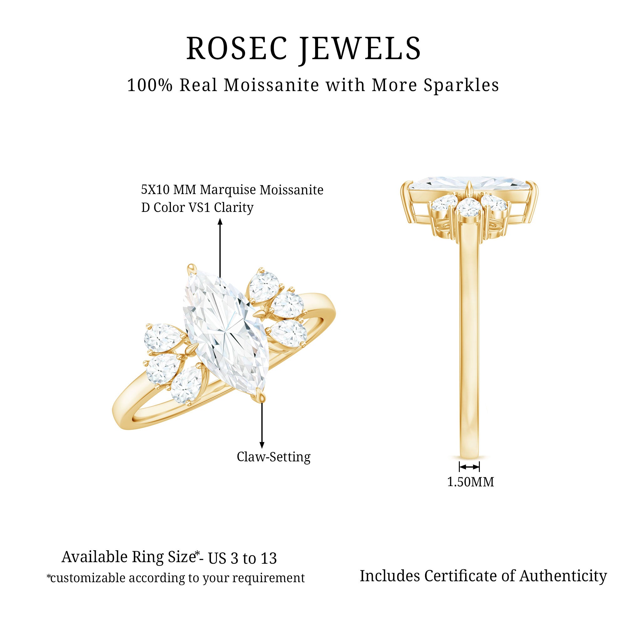 Marquise Cut Moissanite Engagement Ring with Trio D-VS1 - Rosec Jewels