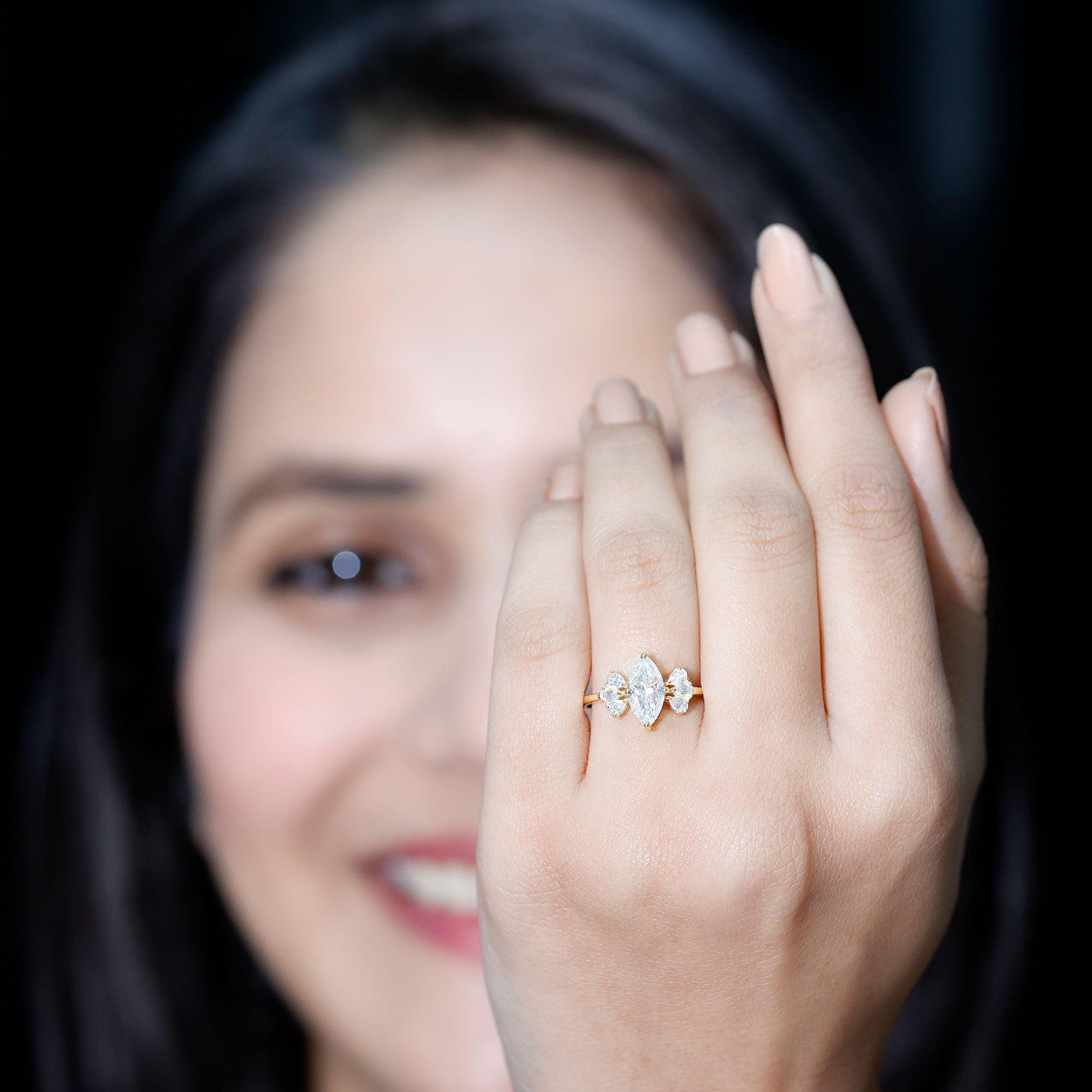 Marquise Cut Moissanite Engagement Ring with Trio D-VS1 - Rosec Jewels