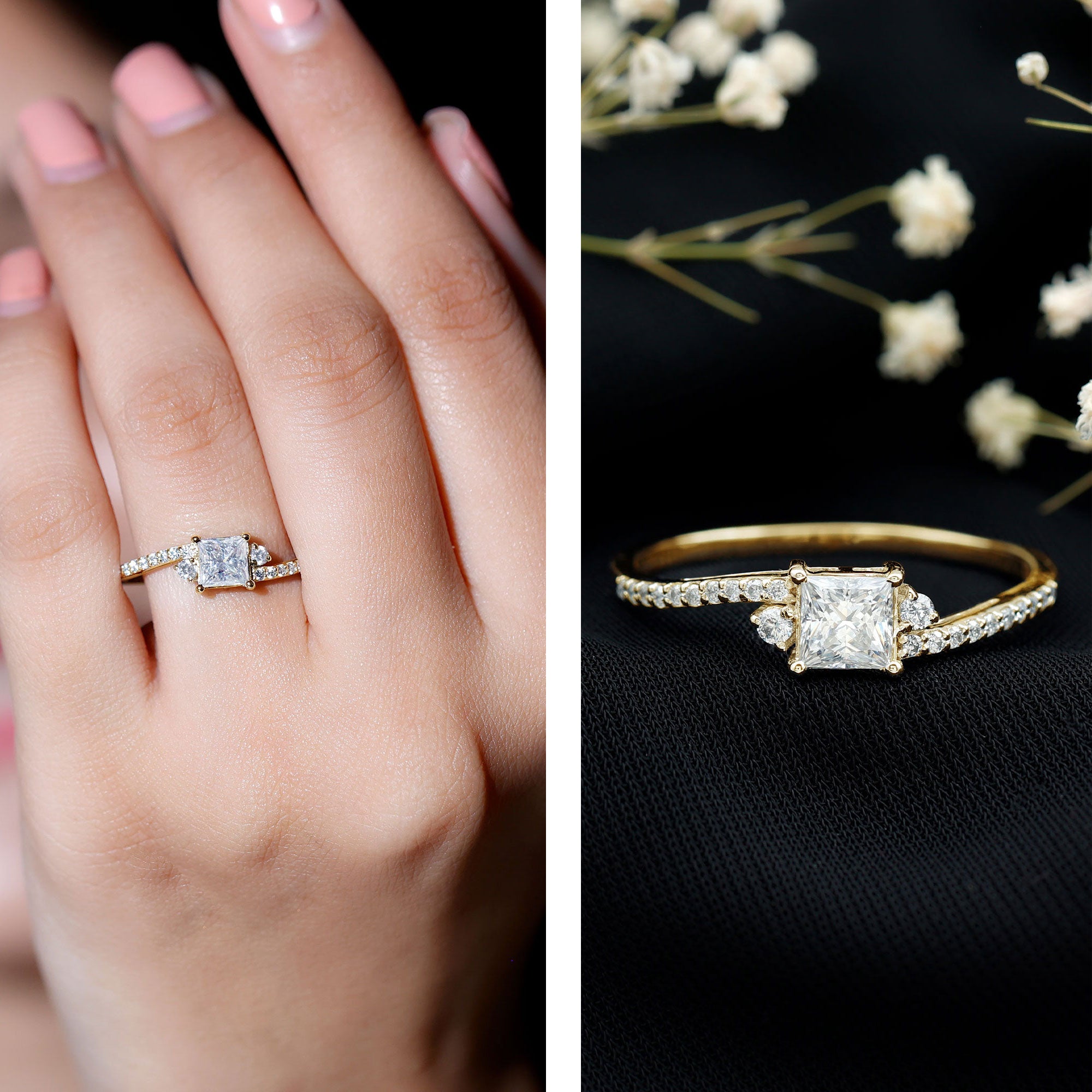 Princess Cut Moissanite Bypass Engagement Ring D-VS1 - Rosec Jewels