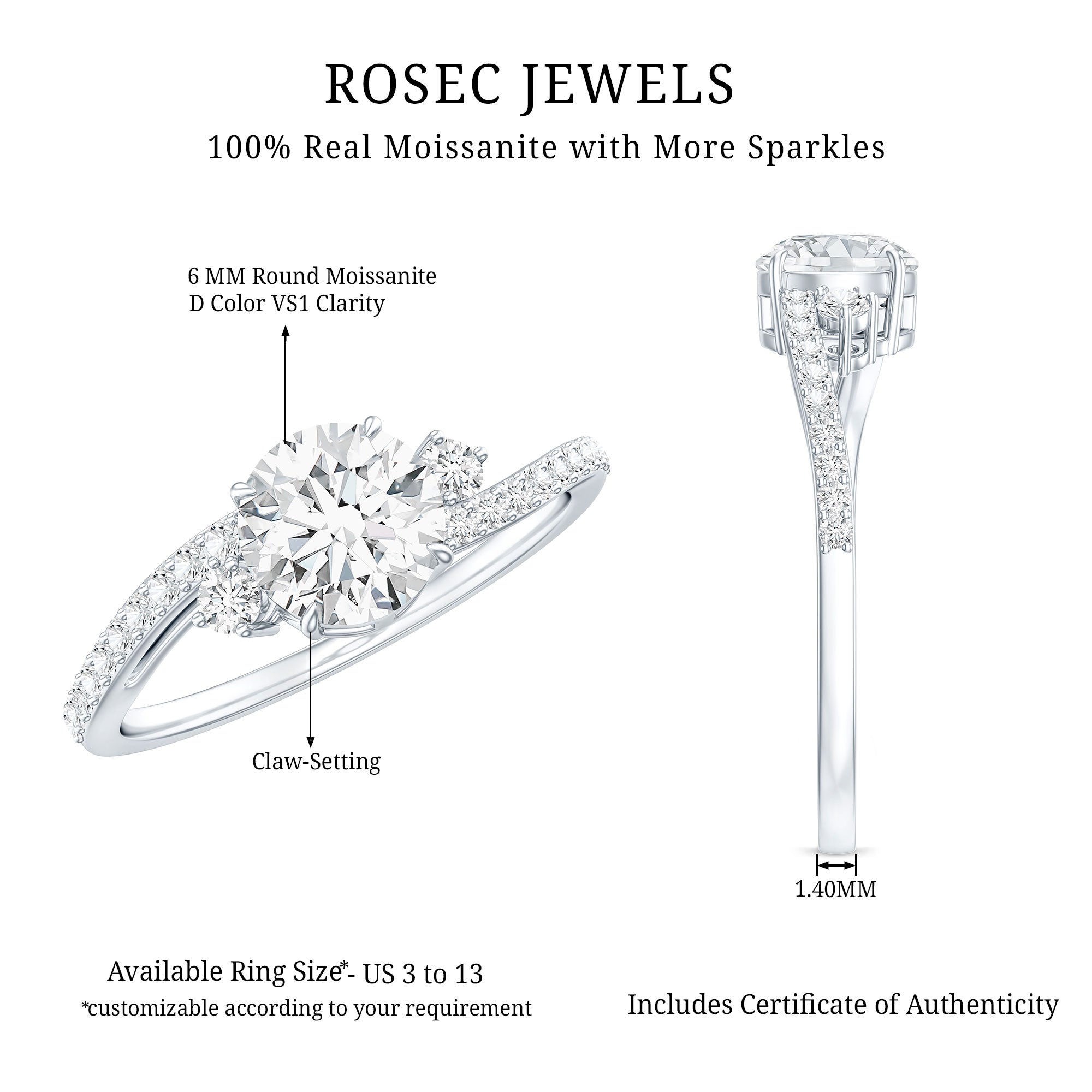 Round Shape Moissanite Bypass Engagement Ring with Side Stones D-VS1 - Rosec Jewels