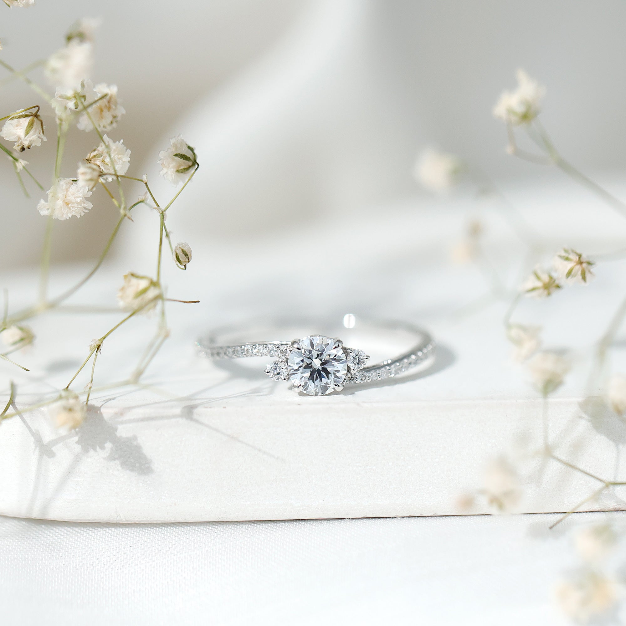 Round Shape Moissanite Bypass Engagement Ring with Side Stones D-VS1 - Rosec Jewels