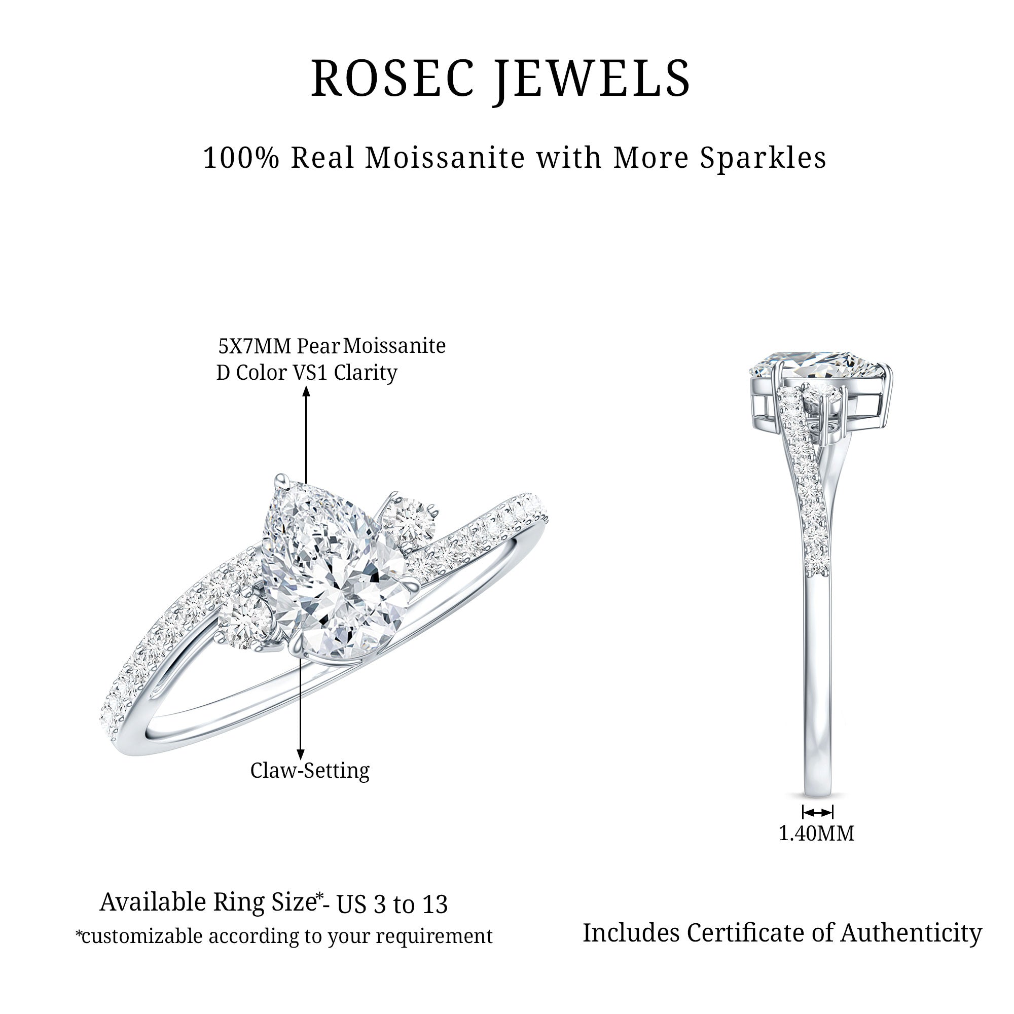 Pear Cut Moissanite Bypass Engagement Ring with Side Stones D-VS1 - Rosec Jewels