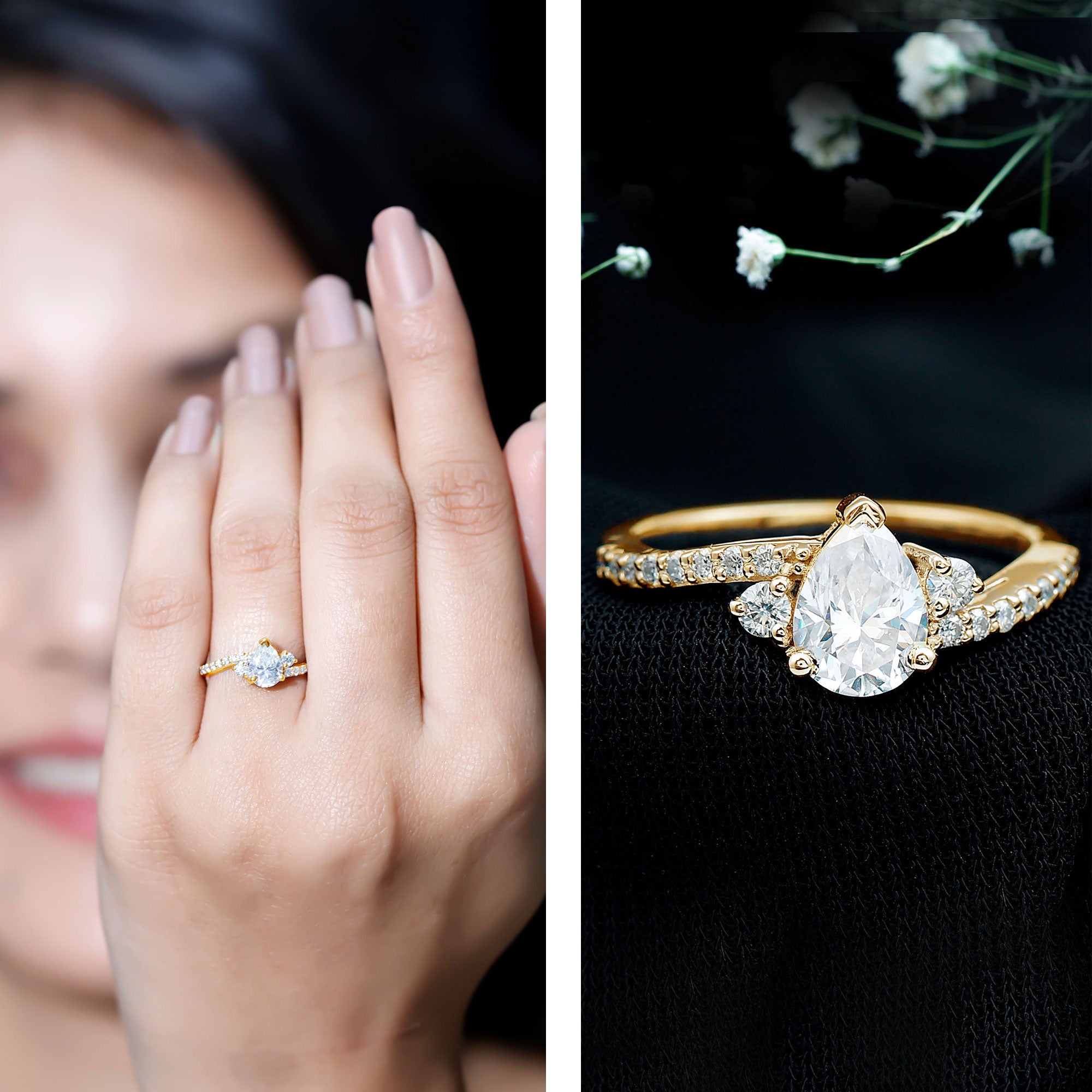 Pear Cut Moissanite Bypass Engagement Ring with Side Stones D-VS1 - Rosec Jewels