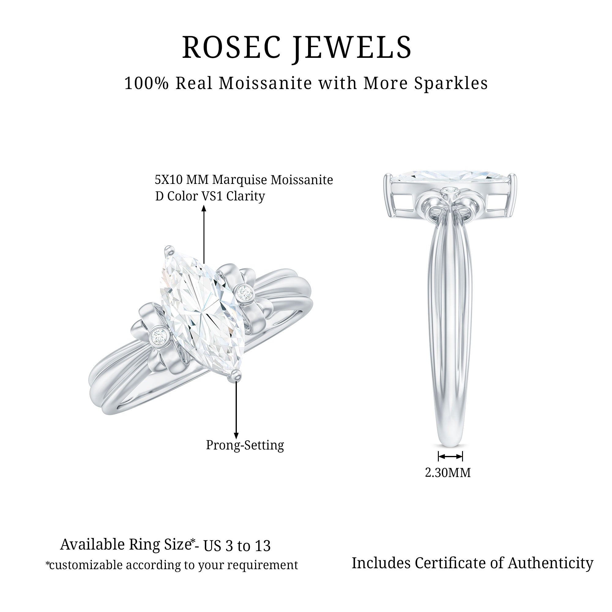 5x10mm Brilliant Cut Certified Moissanite Statement Ring D-VS1 - Rosec Jewels