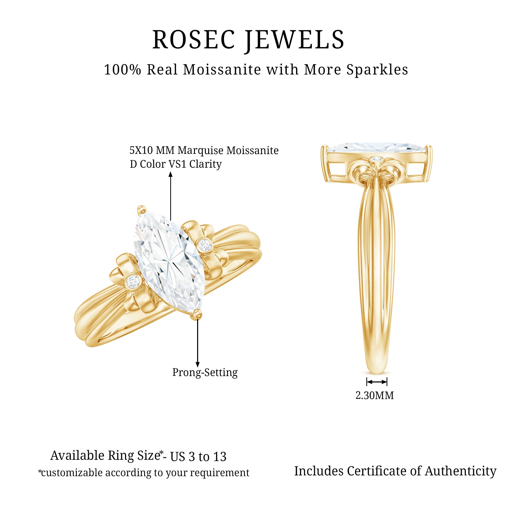 5x10mm Brilliant Cut Certified Moissanite Statement Ring D-VS1 - Rosec Jewels