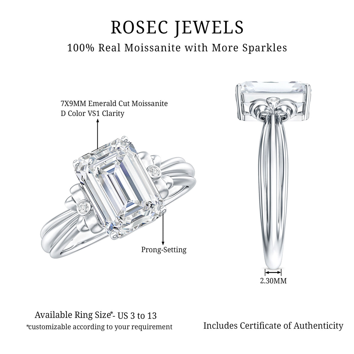 Certified Emerald Cut Moissanite Huge Engagement Ring D-VS1 - Rosec Jewels