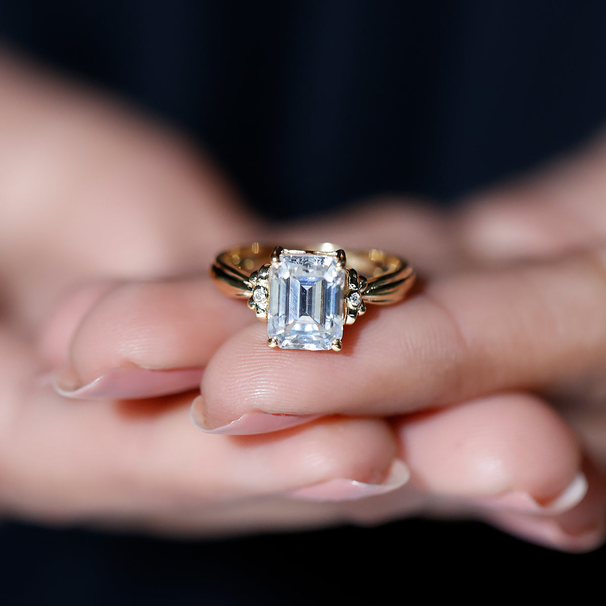 Certified Emerald Cut Moissanite Huge Engagement Ring D-VS1 - Rosec Jewels