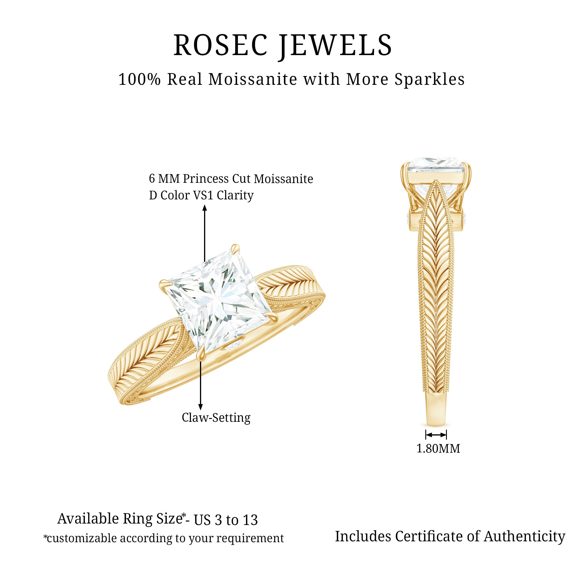 Princess Cut 6 MM Moissanite Solitaire Engagement Ring D-VS1 - Rosec Jewels