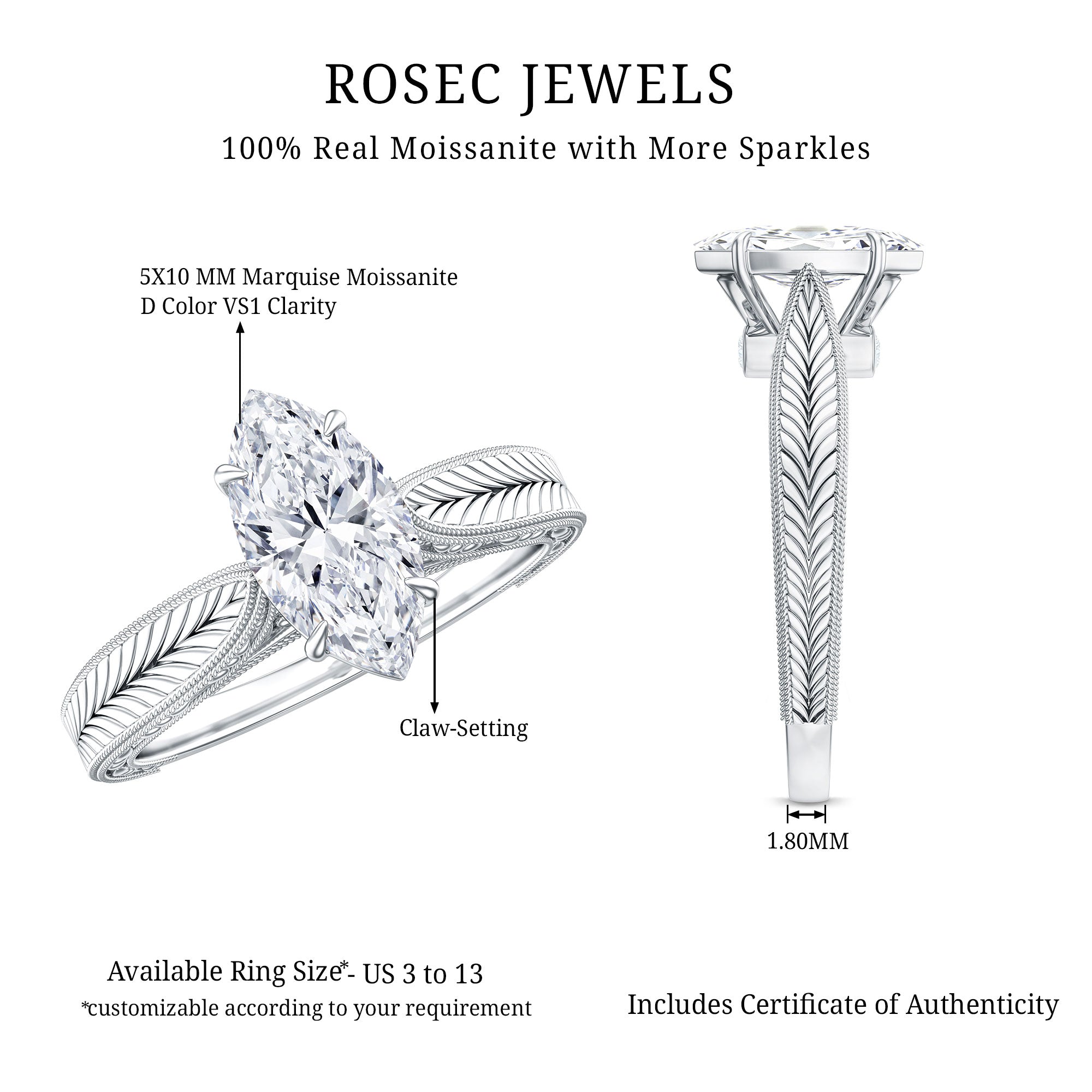 1 Carat Moissanite Marquise Engagement Ring with Leaf Engraved Shank D-VS1 - Rosec Jewels