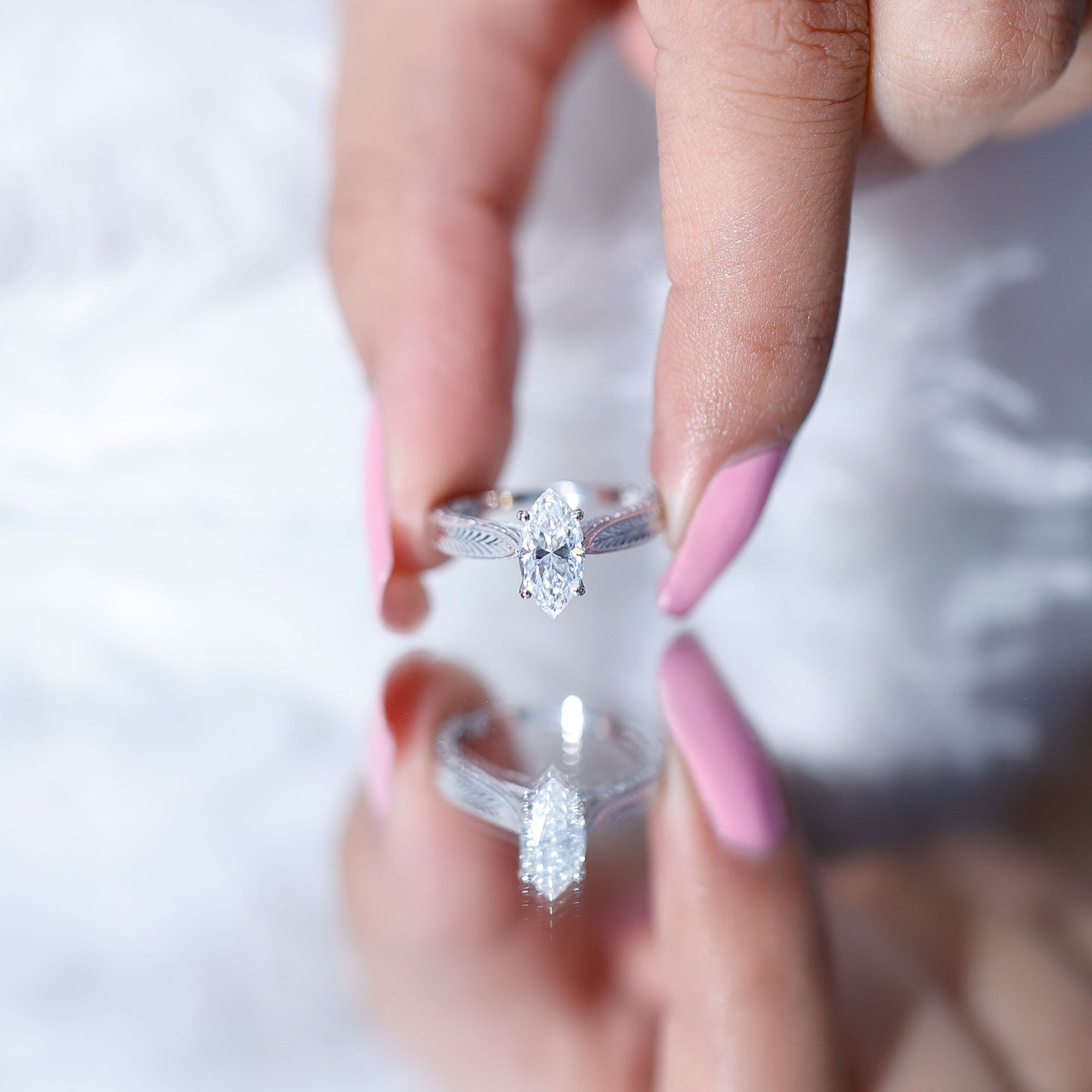 1 Carat Moissanite Marquise Engagement Ring with Leaf Engraved Shank D-VS1 - Rosec Jewels