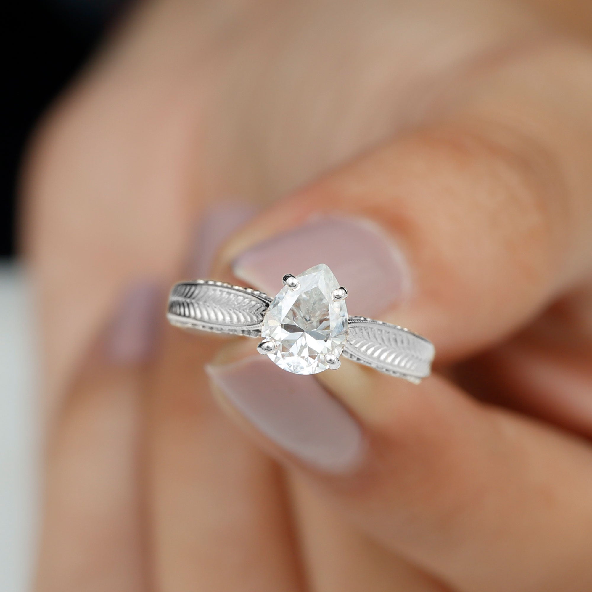 Claw Set Pear Shape Moissanite Engagement Ring D-VS1 - Rosec Jewels