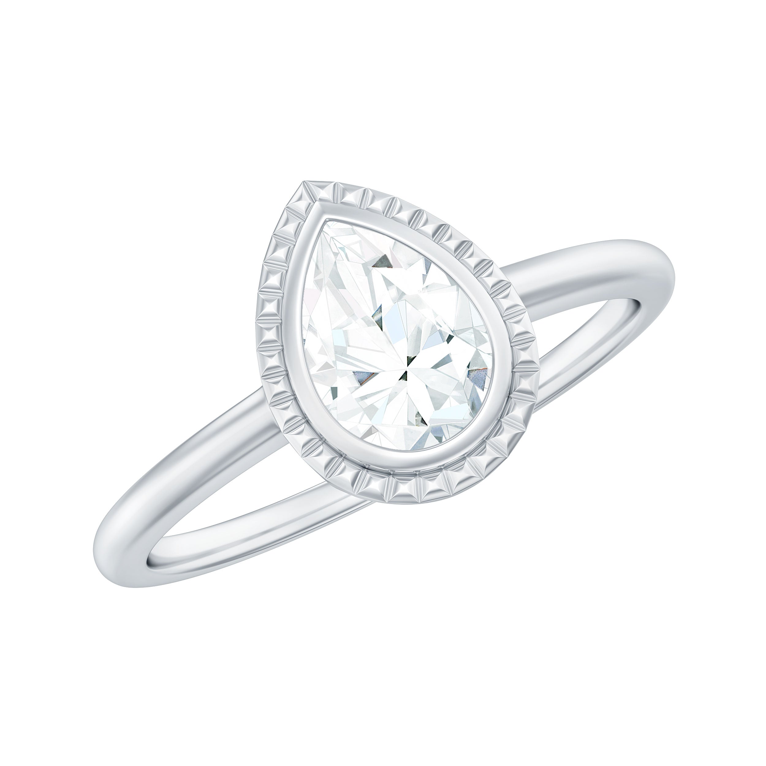Pear Shaped Moissanite Solitaire Engagement Ring in Bezel Setting D-VS1 - Rosec Jewels