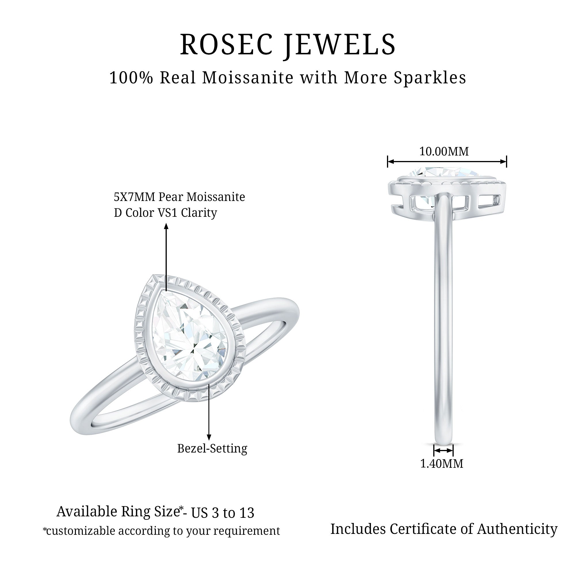Pear Shaped Moissanite Solitaire Engagement Ring in Bezel Setting D-VS1 - Rosec Jewels