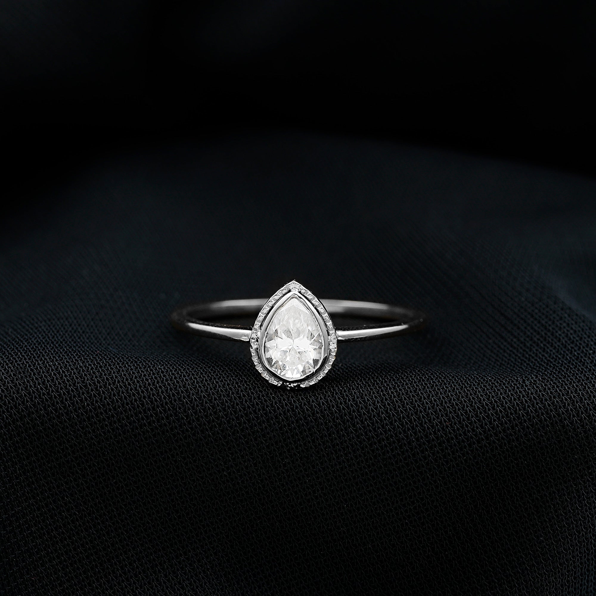 Pear Shaped Moissanite Solitaire Engagement Ring in Bezel Setting D-VS1 - Rosec Jewels