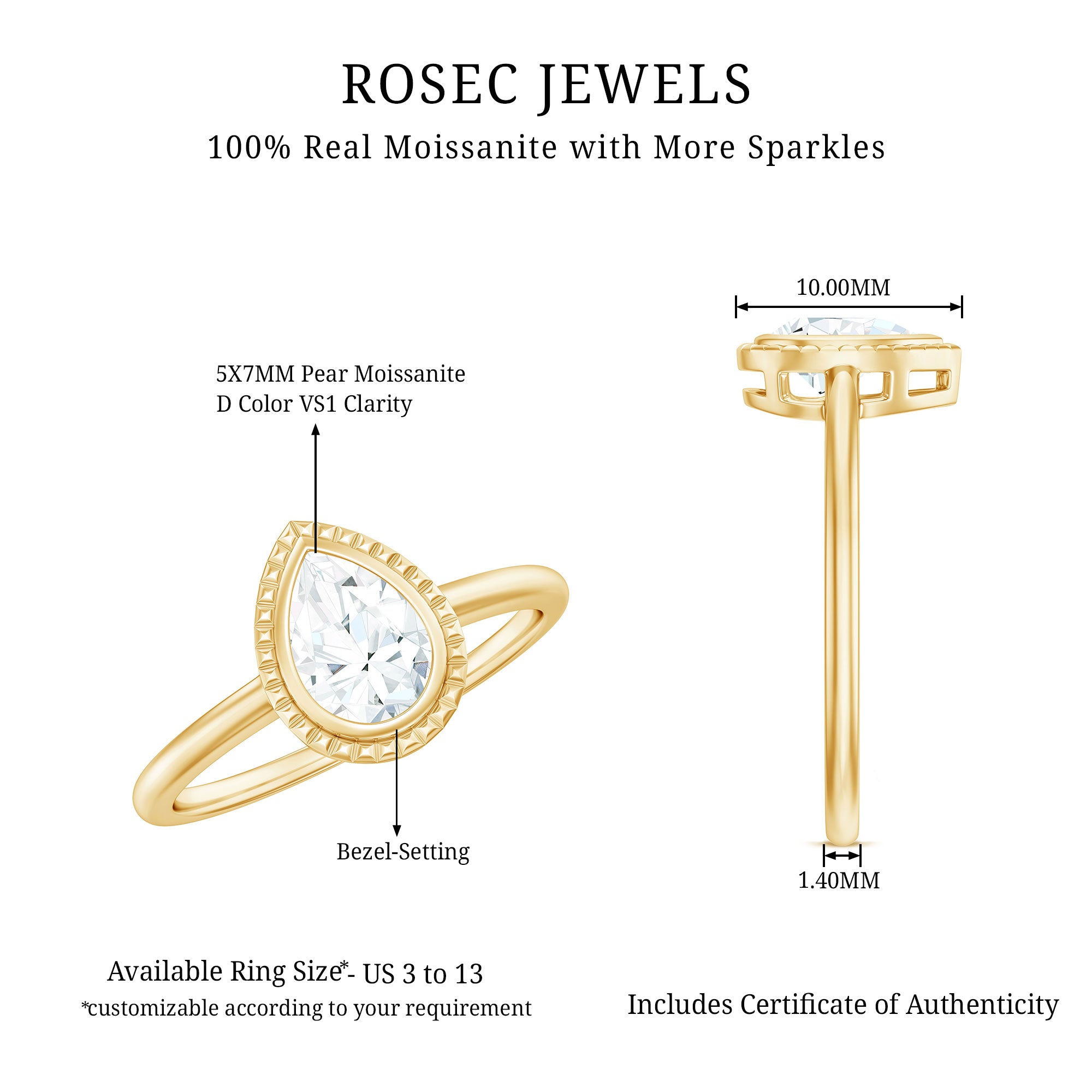Pear Shaped Moissanite Solitaire Engagement Ring in Bezel Setting D-VS1 - Rosec Jewels