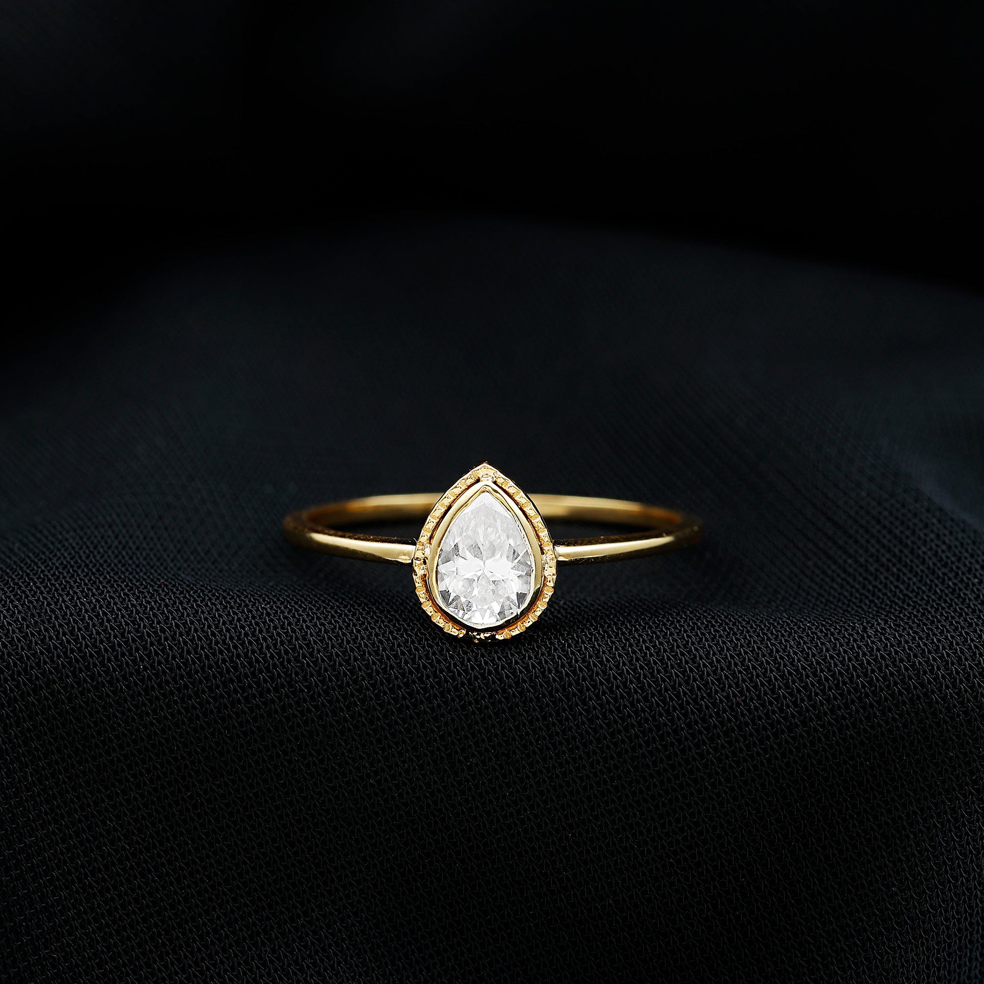 Pear Shaped Moissanite Solitaire Engagement Ring in Bezel Setting D-VS1 - Rosec Jewels