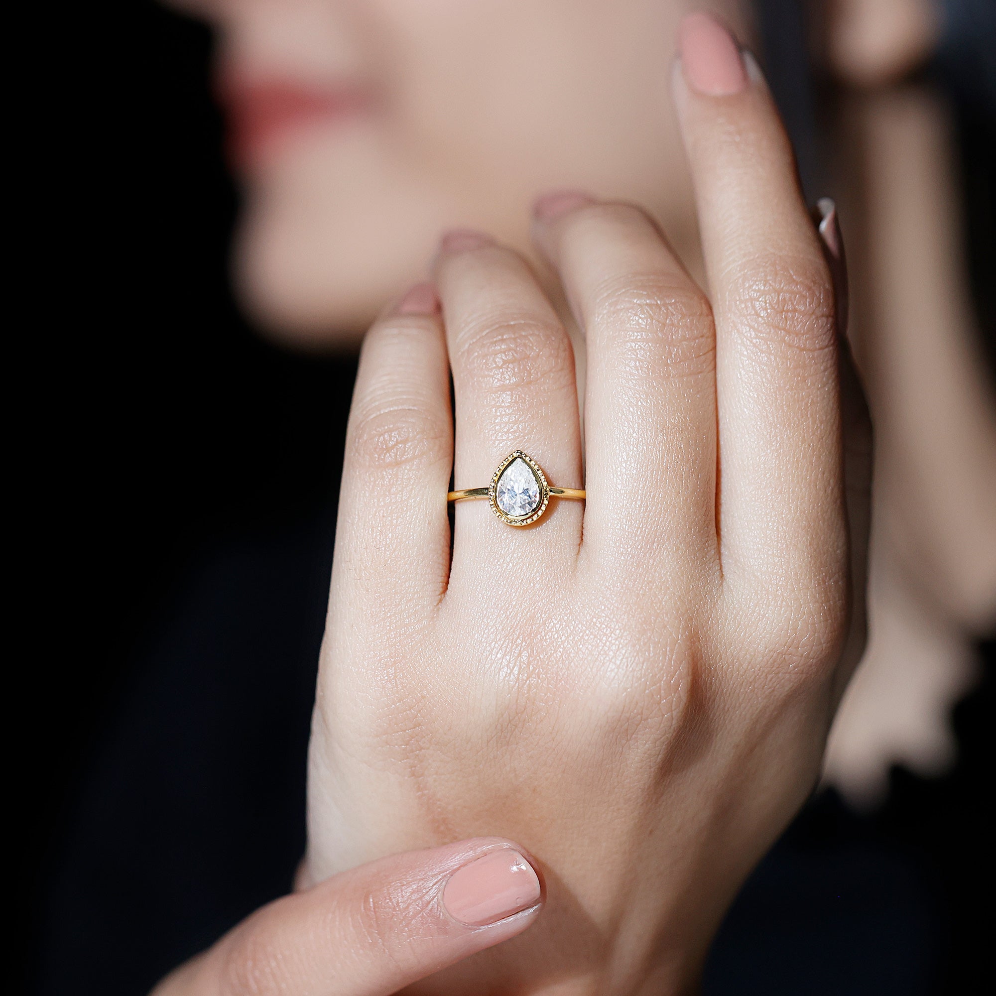 Pear Shaped Moissanite Solitaire Engagement Ring in Bezel Setting D-VS1 - Rosec Jewels