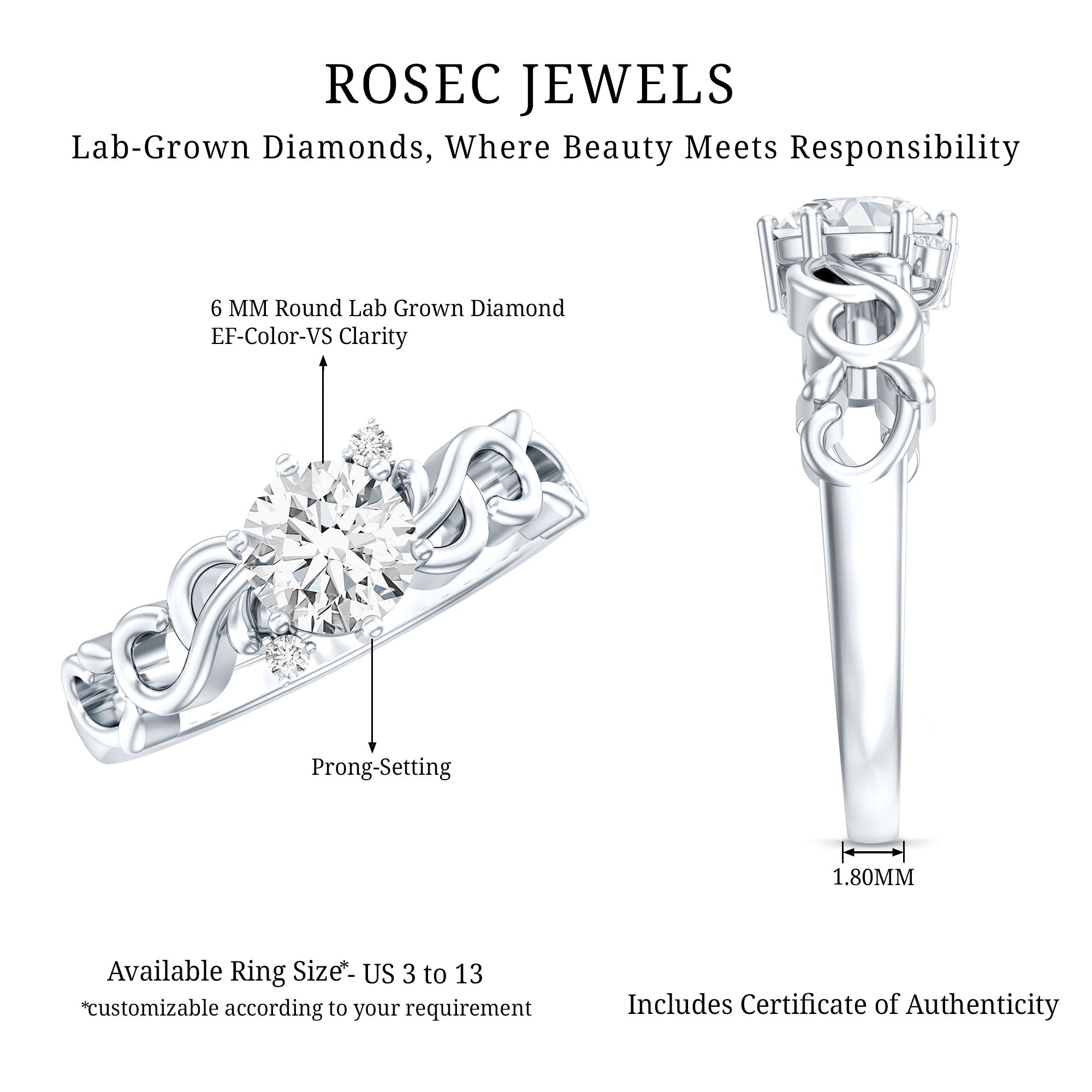 Lab Grown Diamond Art Deco Engagement Ring Lab - ( EF-VS ) - Rosec Jewels