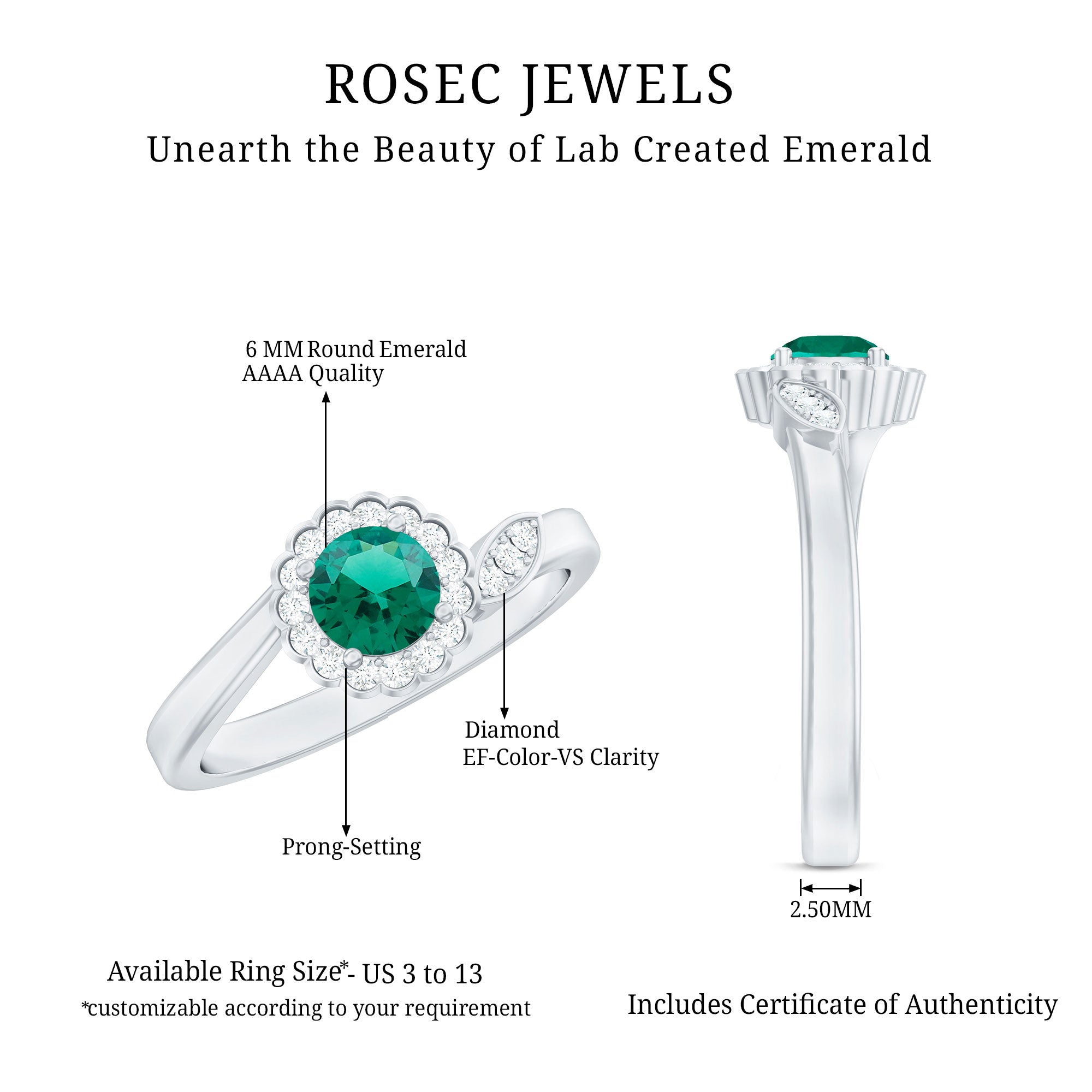 Nature Inspired Lab Grown Emerald Promise Ring with Diamond Halo AAAA - Rosec Jewels