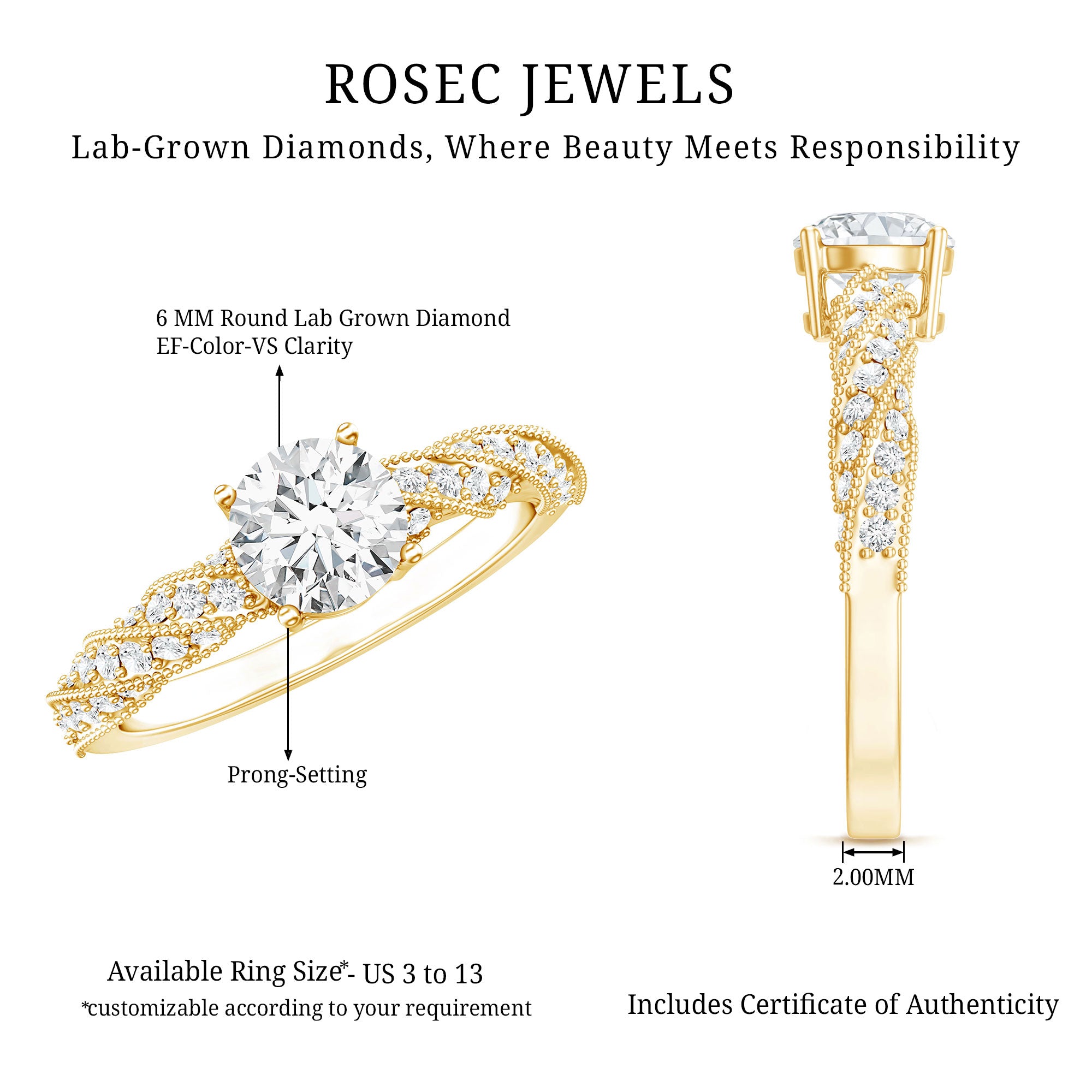 Round Shape Lab Grown Diamond Solitaire Engagement Ring Lab - ( EF-VS ) - Rosec Jewels