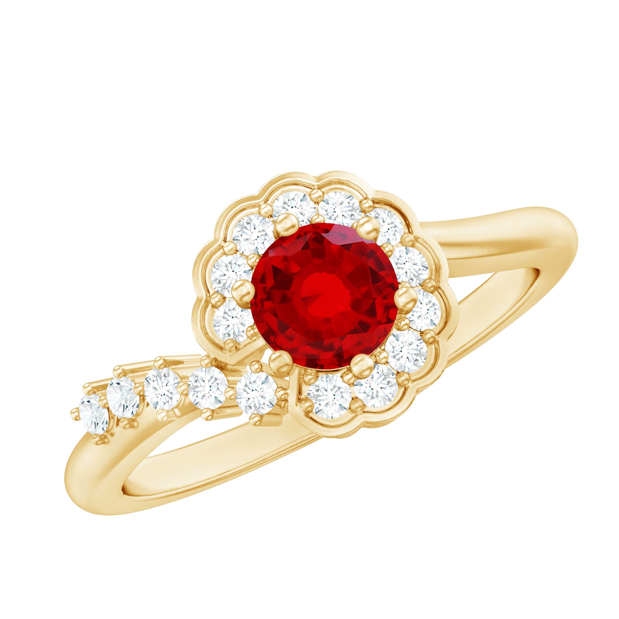 Certified Lab Created Ruby and Diamond Flower Engagement Ring AAAA - Rosec Jewels