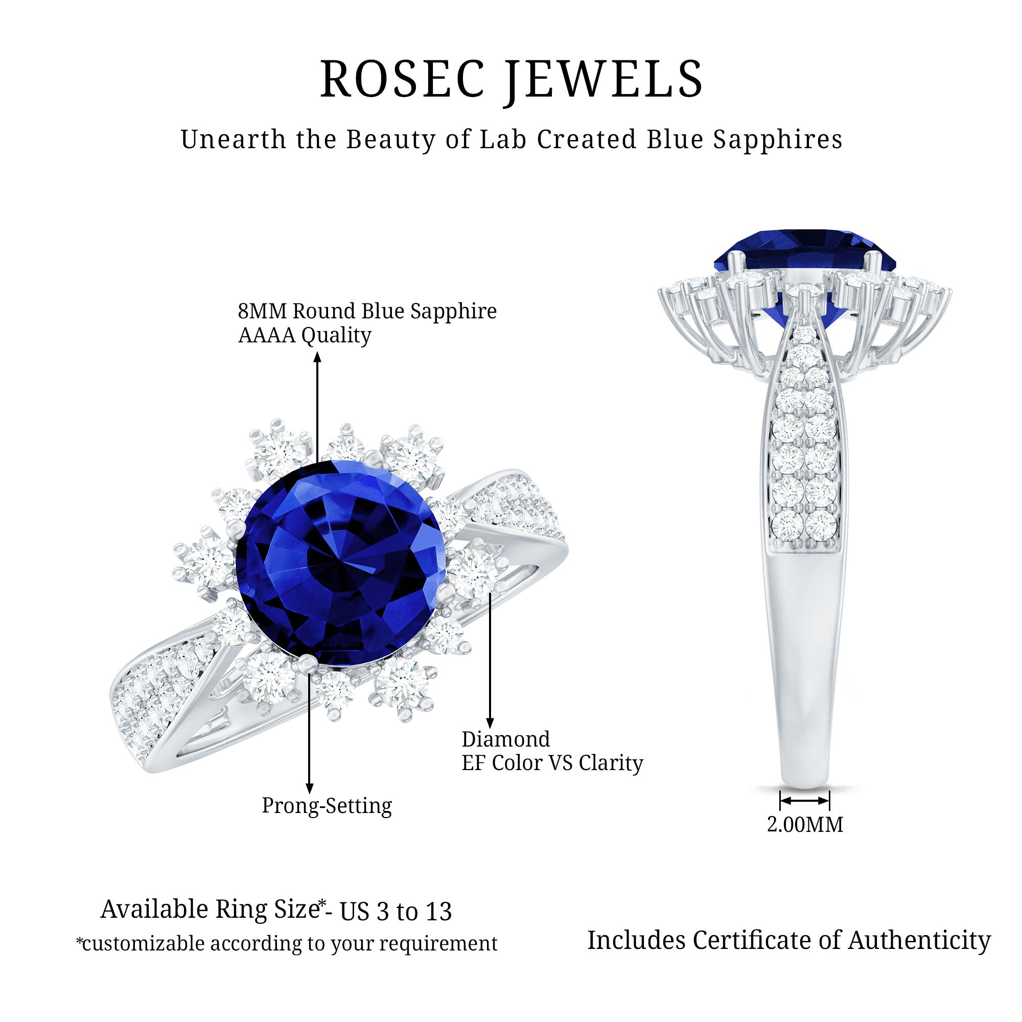 Lab Grown Blue Sapphire Round Engagement Ring with Diamond Accent AAAA - Rosec Jewels