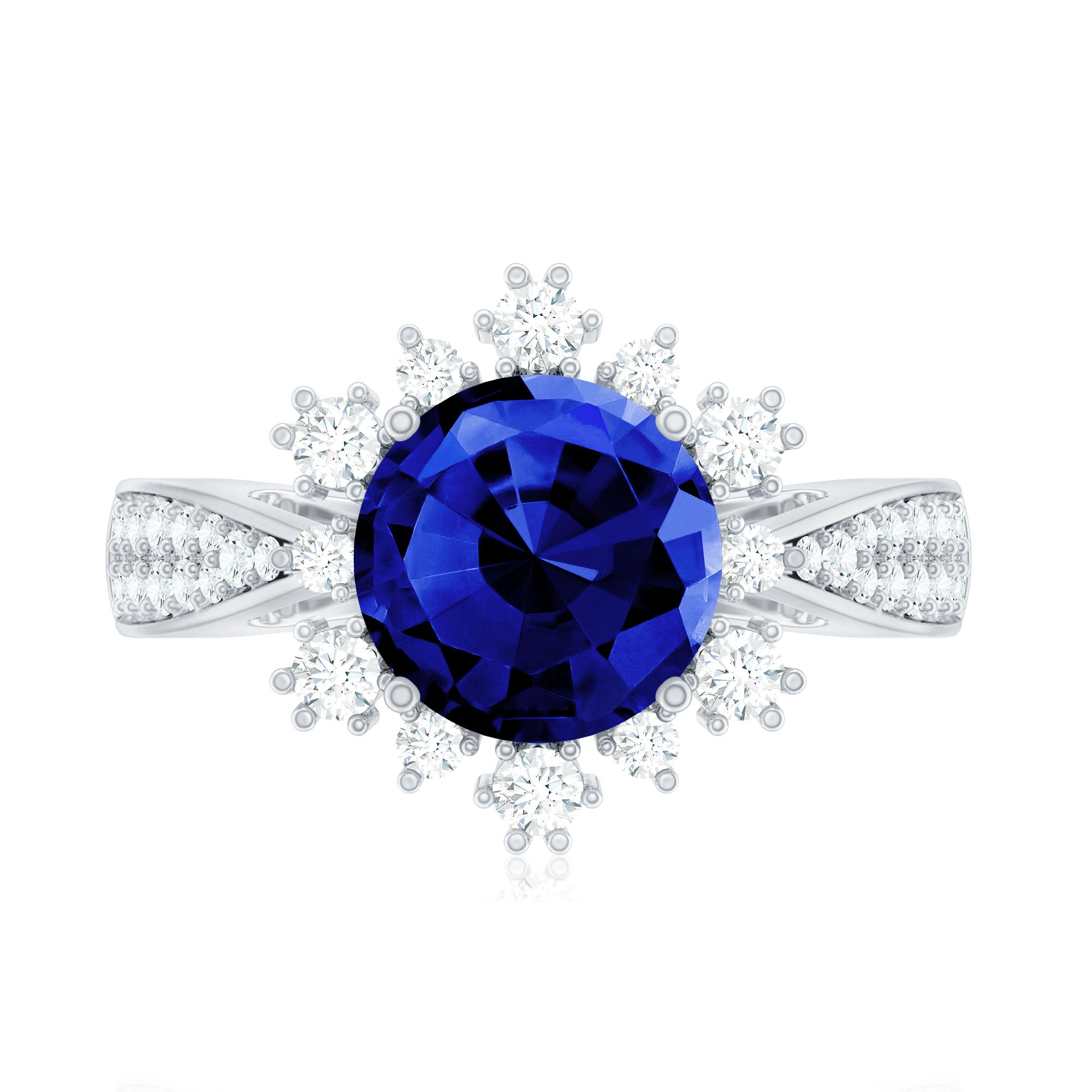 Lab Grown Blue Sapphire Round Engagement Ring with Diamond Accent AAAA - Rosec Jewels