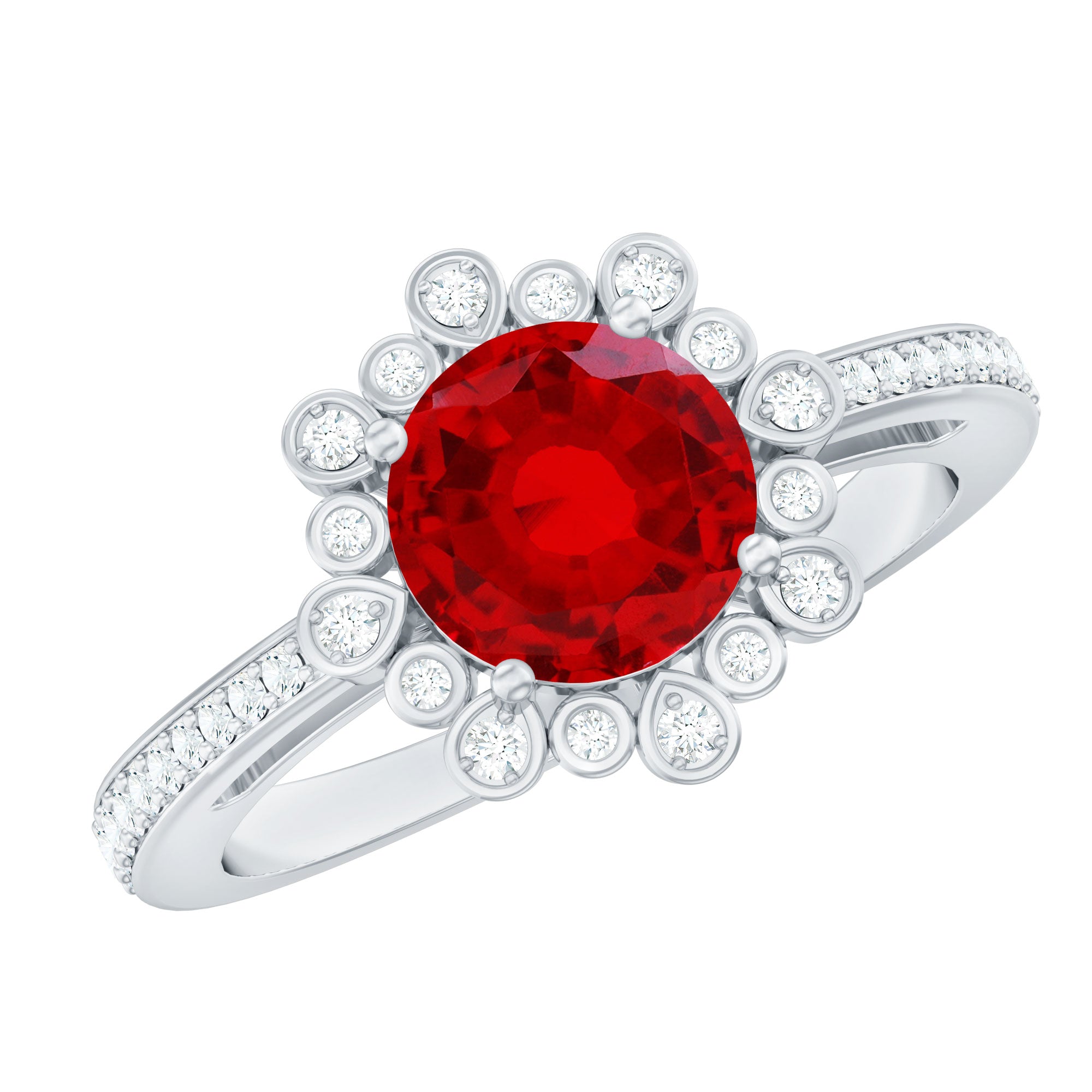 Vintage Style Lab Created Ruby and Diamond Halo Engagement Ring