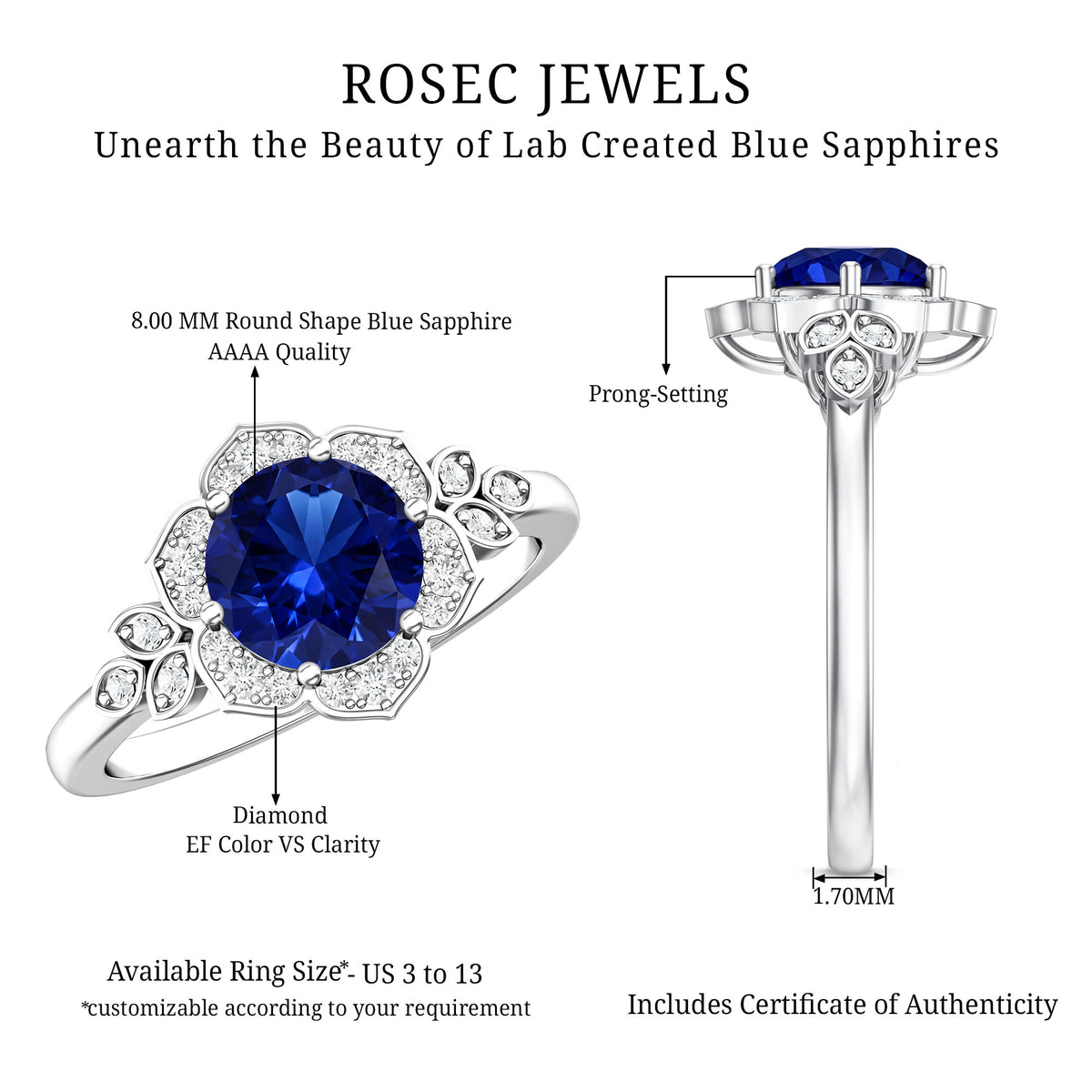 Round Created Blue Sapphire Flower Engagement Ring with Diamond AAAA - Rosec Jewels