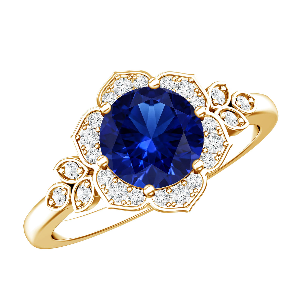 Round Created Blue Sapphire Flower Engagement Ring with Diamond AAAA - Rosec Jewels