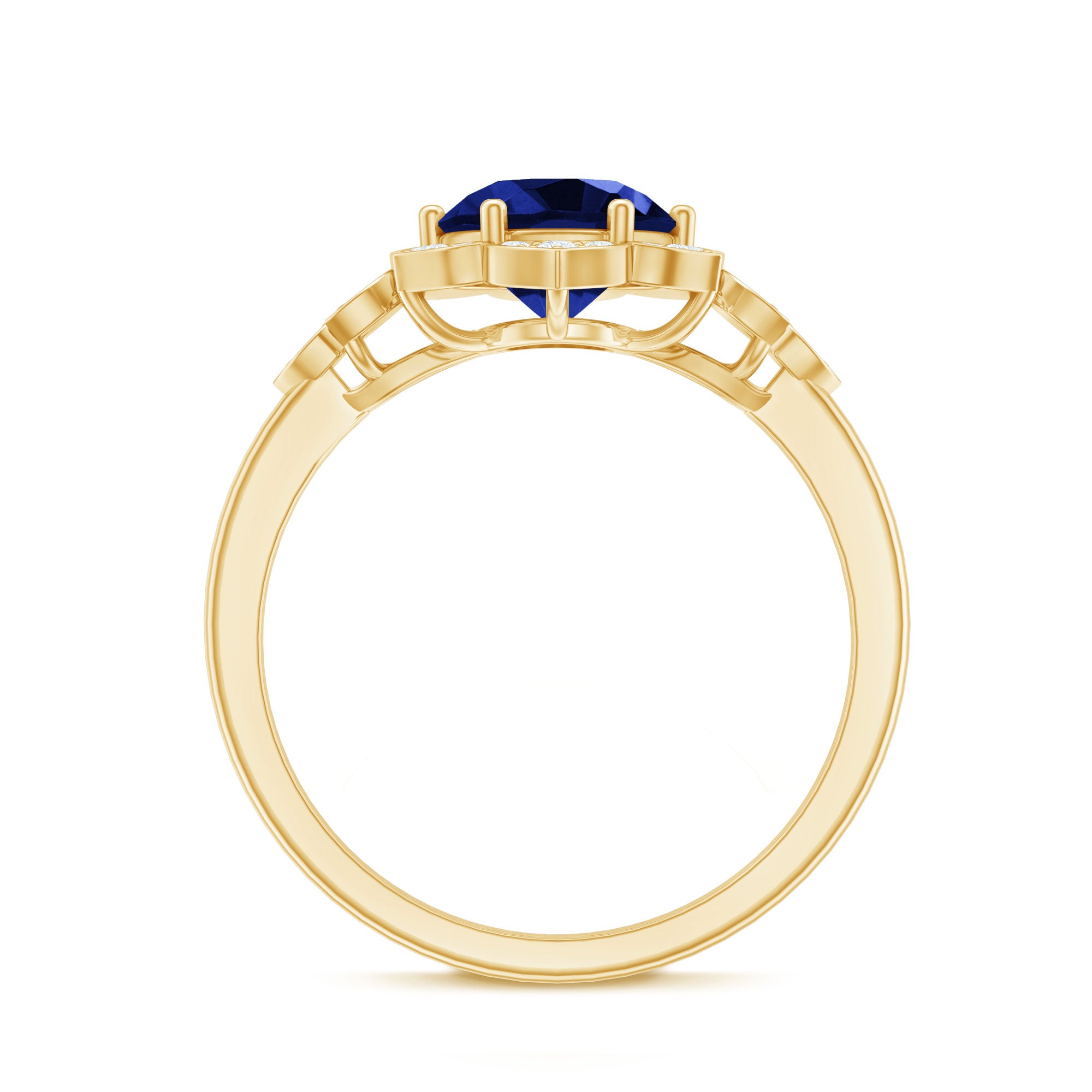 Round Created Blue Sapphire Flower Engagement Ring with Diamond AAAA - Rosec Jewels