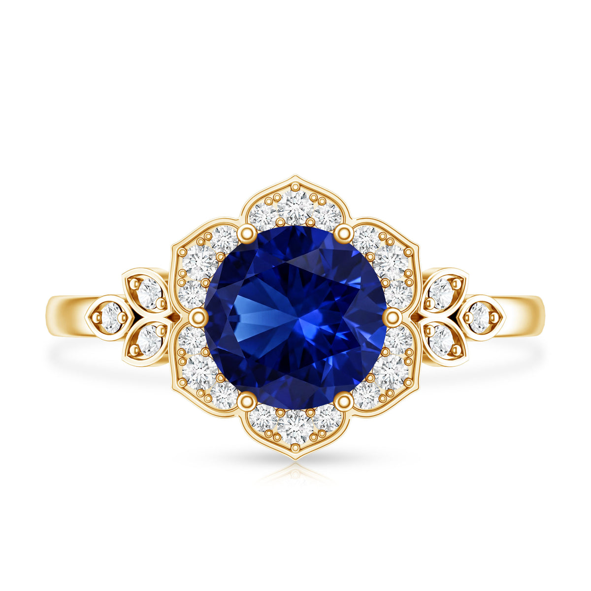Round Created Blue Sapphire Flower Engagement Ring with Diamond AAAA - Rosec Jewels