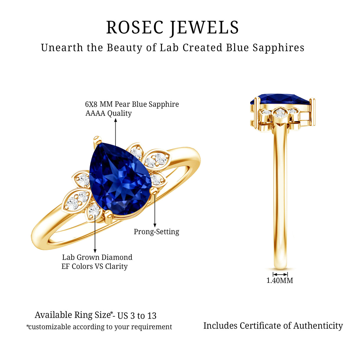 Certified Lab Grown Blue Sapphire Teardrop Engagement Ring with Diamonds AAAA - Rosec Jewels