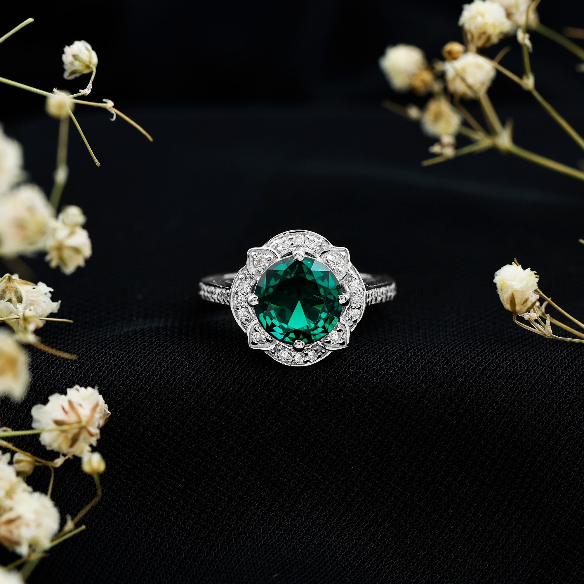 2 Carat Lab Grown Emerald Vintage Inspired Engagement Ring with Diamond AAAA - Rosec Jewels